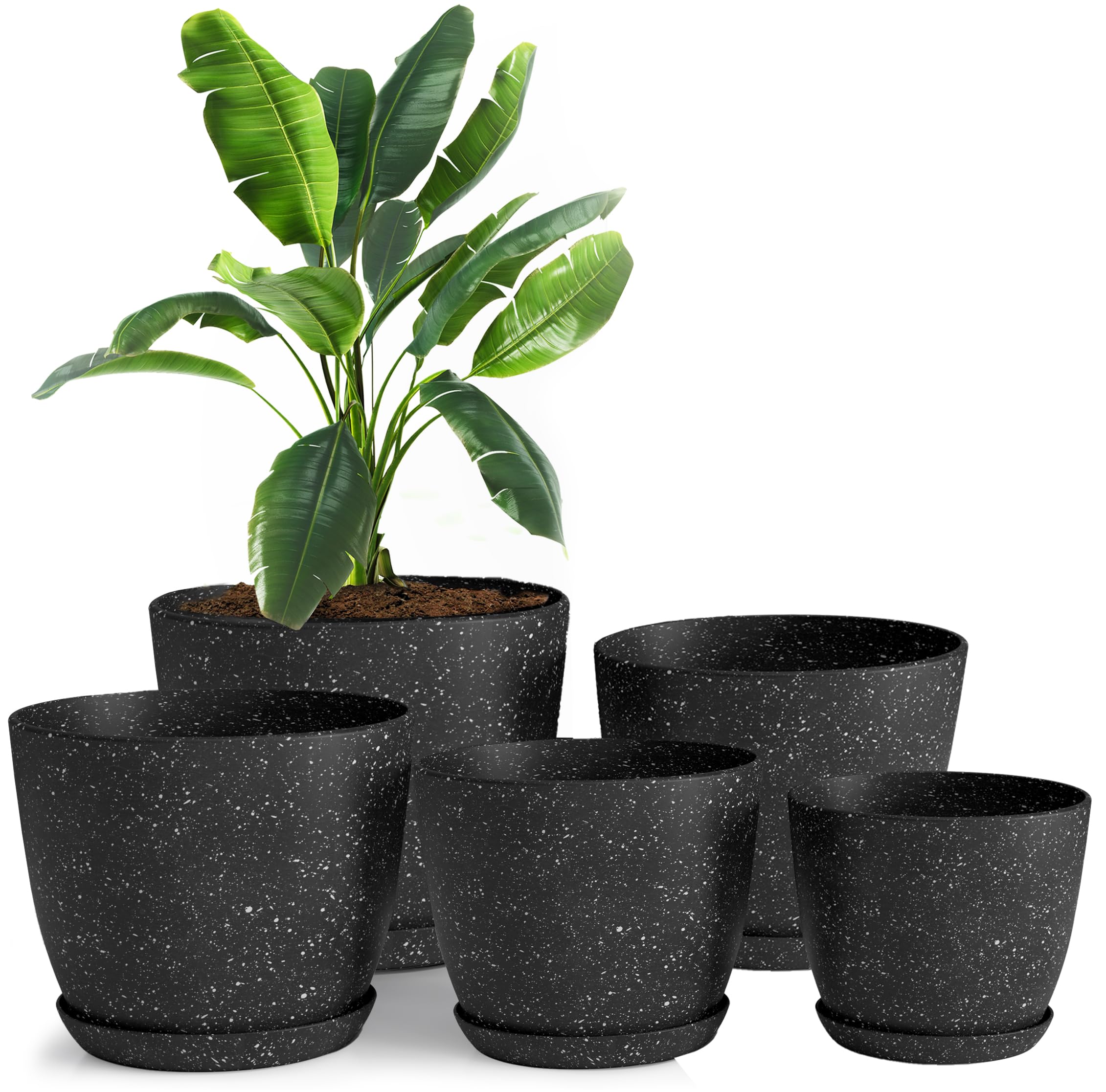 home - spotty plant pots indoor with drainage - 7/6.6/6/5.3/4.8 inches flower pots - 5 pack plastic planters - ideal for stocking stuffers - (speckled black, pack of 5)