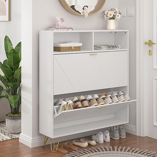 Miniatura 1 de JOZZBY Zapatero grande para entrada, armario de almacenamiento estrecho de 46 pulgadas con 2 cajones abatibles y estantes abiertos, organizador de