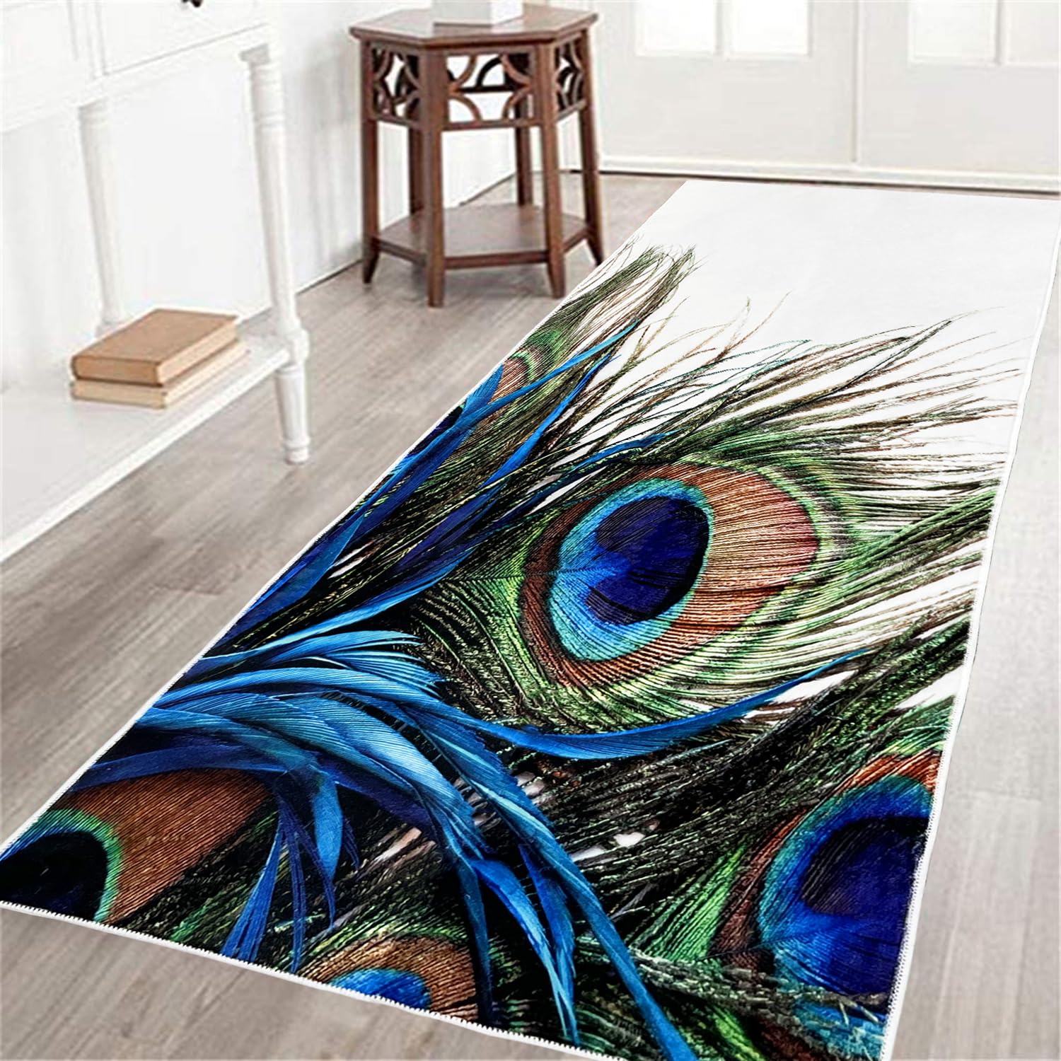 Peacock Feather Hallway Runner Rug 2x6,Peacock Feathers Eyes Oriental,Non Slip Washable Rugs for Entryway Runner Laundry Rug Runner Bathroom Runner