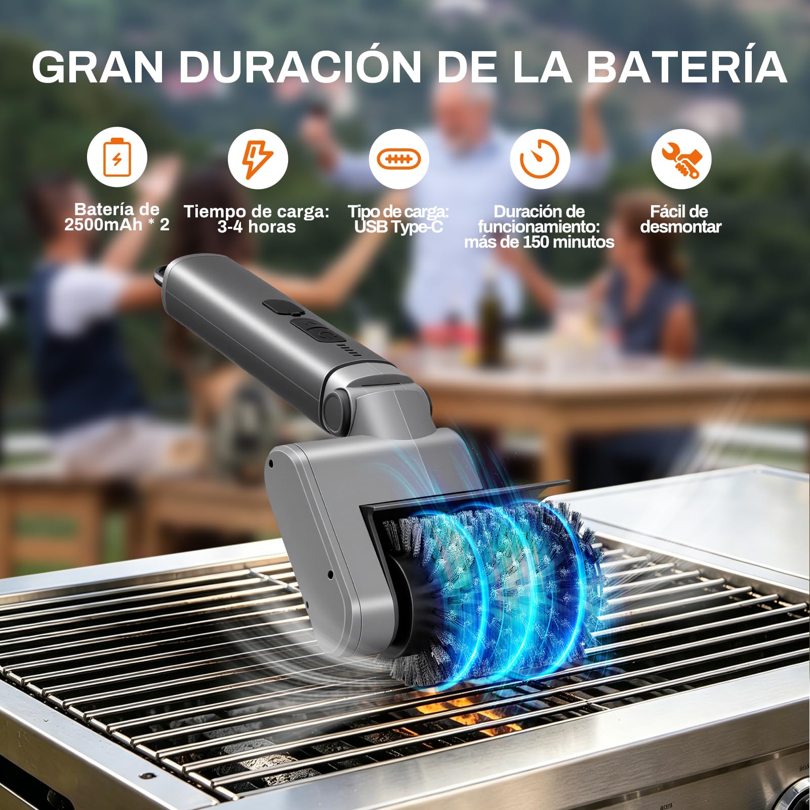 Cepillo Eléctrico para Barbacoa, Limpiador de Parrilla Inalámbrico 3 en 1 con 3 Velocidades y 180° Ajustable, 3 Cabezales Acero INOX Reforzados, 150Min Batería, Impermeable, Apto Lavavajillas