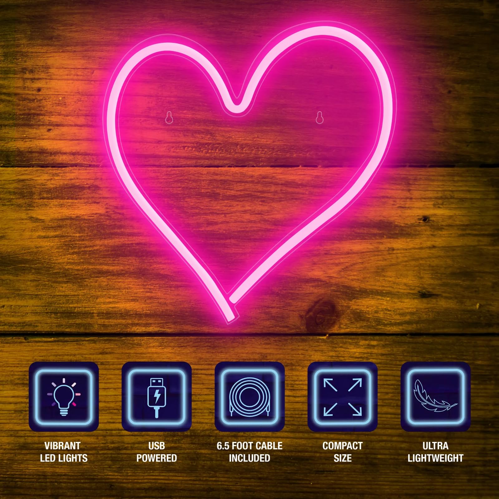 Incredible Novelties - Letrero de luz LED de neón en forma de corazón, 13 x 12.5 x 0.8 pulgadas, alimentado por USB, cable de 6.5 pies. No requiere herramientas. Peso ligero. Luces LED vibrantes