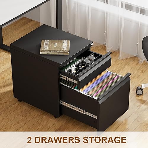 Miniatura 6 de Archivador móvil de metal con cerradura y 4 llaves, totalmente montado, escritorio debajo de la oficina, archivador de 2 cajones para oficina en
