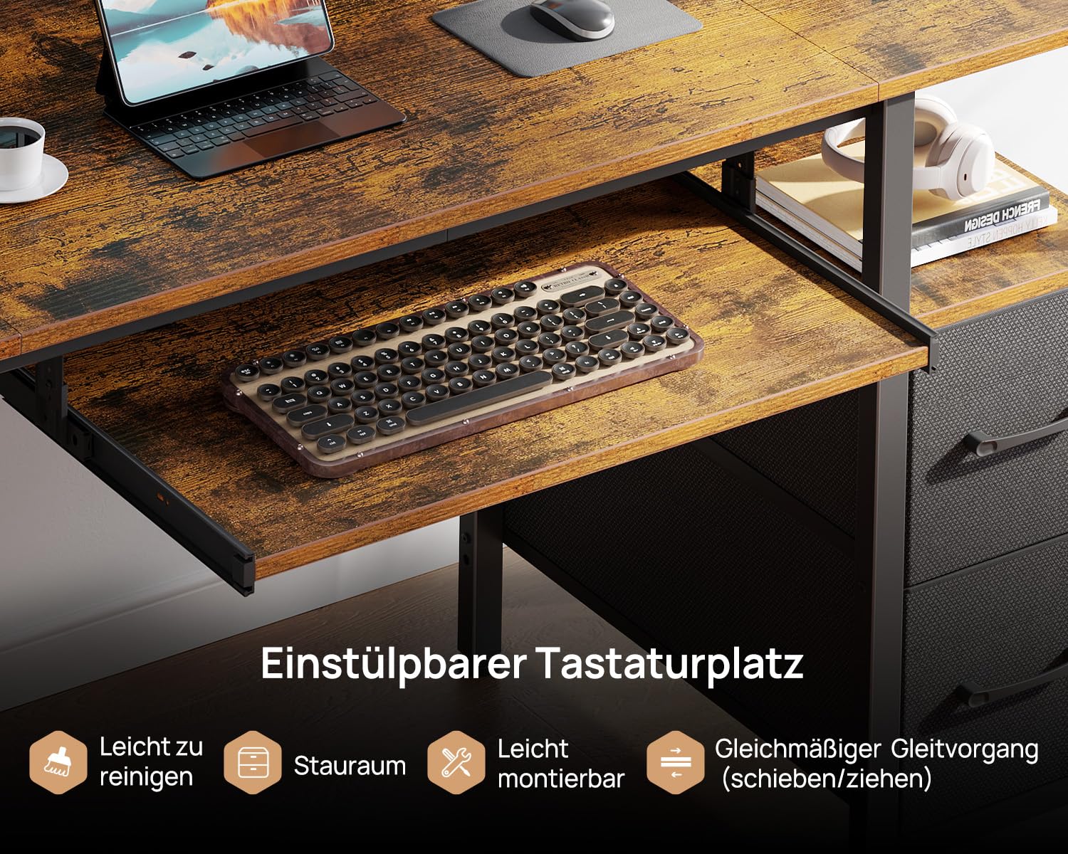 Seventable Computertisch 120 cm mit LED-Leuchten und Steckdosen, Home-Office-Schreibtisch mit 4 Schubladen, Schreibtisch mit Tastaturablage, Arbeitsschreibtisch mit Monitorständer (Vintagebraun)
