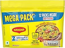 MAGGI 2-Minute Instant Noodles, Masala Noodles With Goodness Of Iron, Made With Choicest Quality Spices, Favourite Masala Taste, 840/900g Pouch (Pack of 12, 70/75g each) (weight may vary)