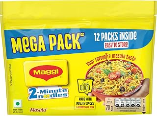MAGGI 2-Minute Instant Noodles, Favourite Masala Taste, Masala Noodles With Goodness Of Iron, Made With Choicest Quality Spices, 840/900g Pouch (Pack of 12, 70/75g each) (weight may vary)