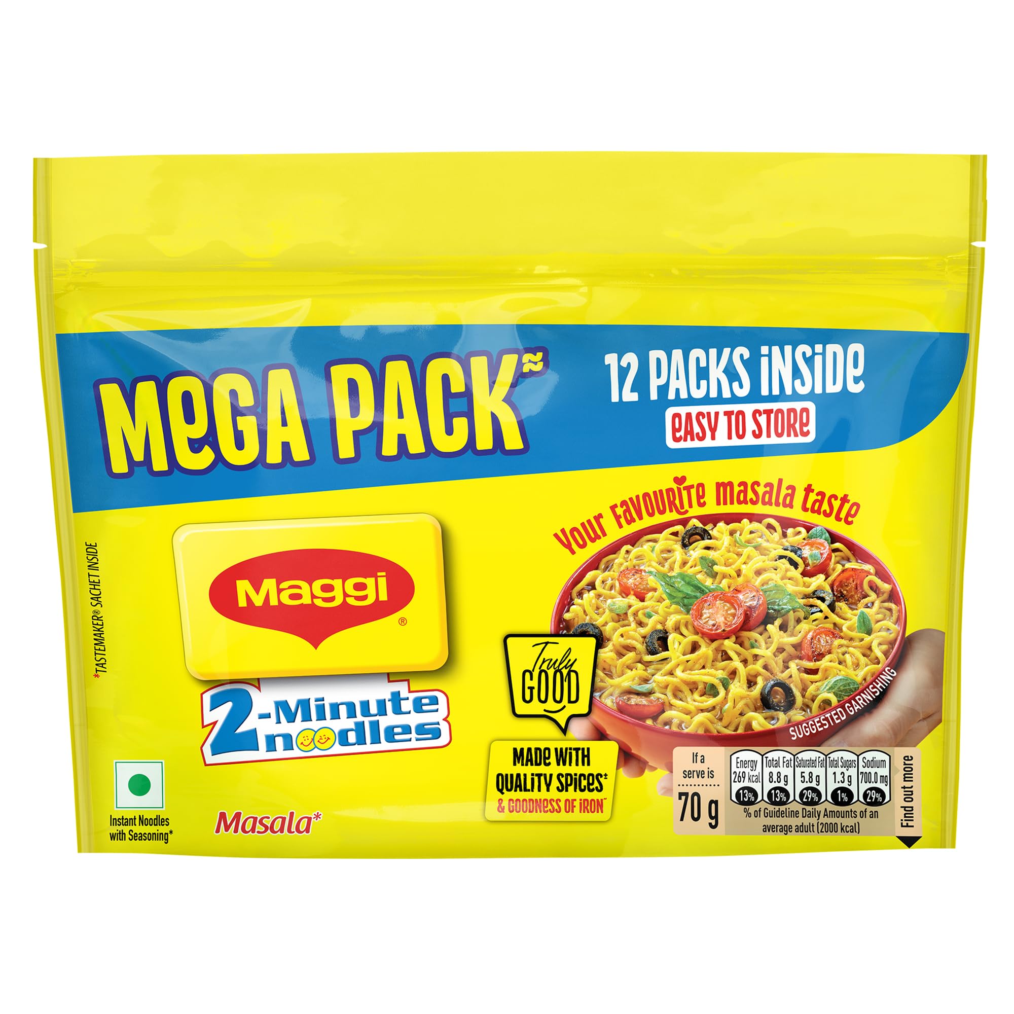 MAGGI 2-Minute Instant Noodles, Masala Noodles With Goodness Of Iron, Made With Choicest Quality Spices, Favourite Masala Taste, 840/900g Pouch (Pack of 12, 70/75g each) (weight may vary)