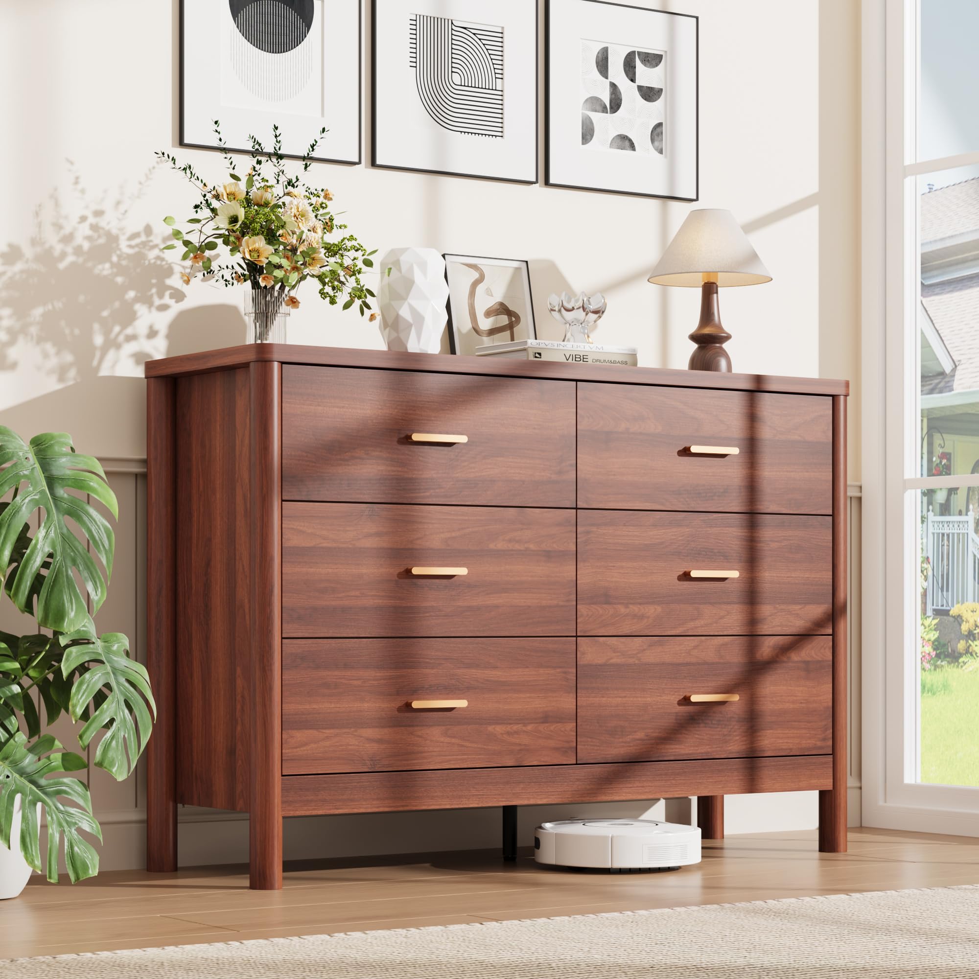 Garvee 6 Drawer Modern Wooden Dresser in Walnut