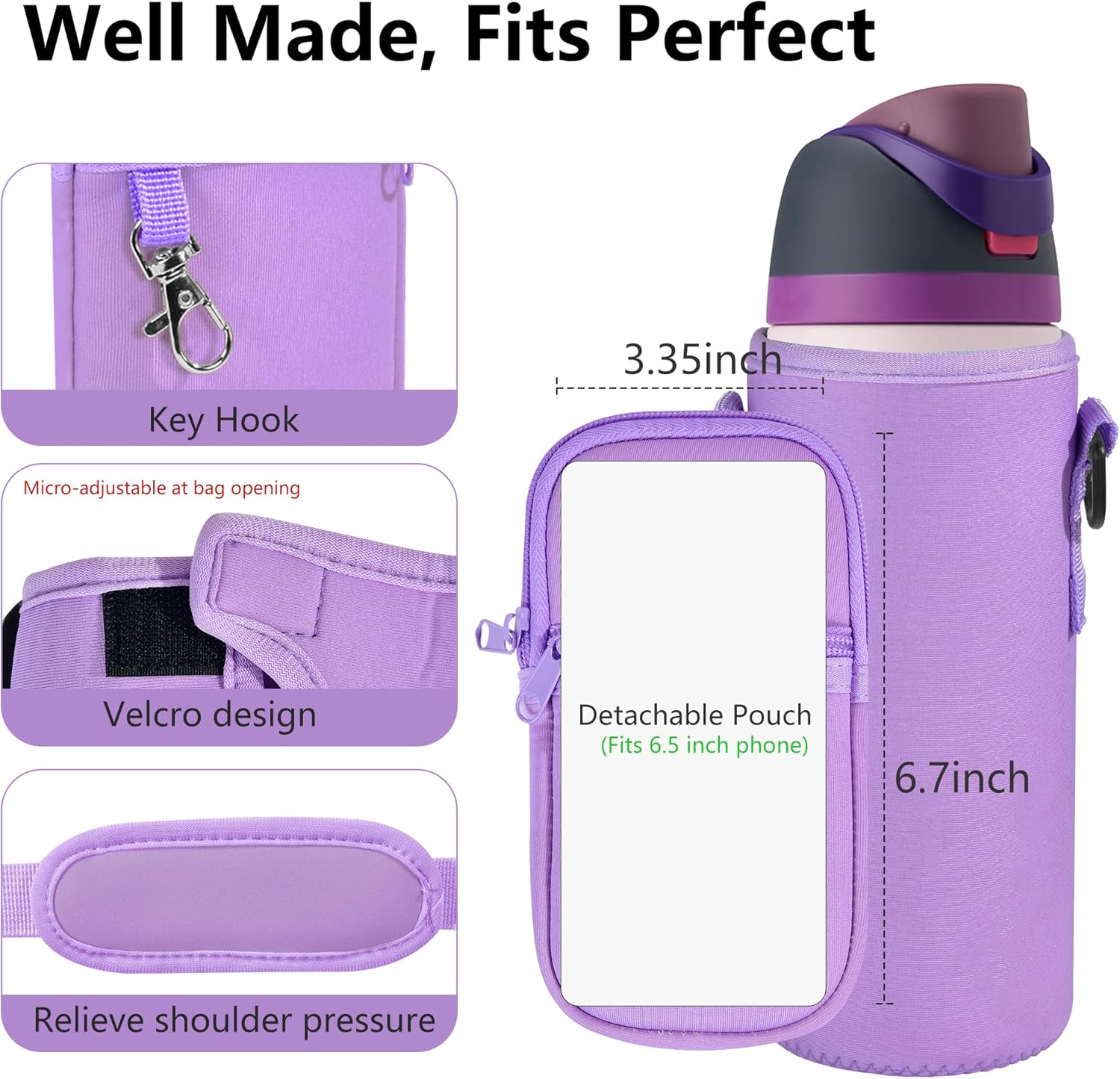 Water Bottle Carrier Bag with Strap for Owala FreeSip 24/32oz with Detachable Phone Pocket for Owala Accessories 24/32oz Water Bottle Sleeve for Walking Camping Gym - Image 3