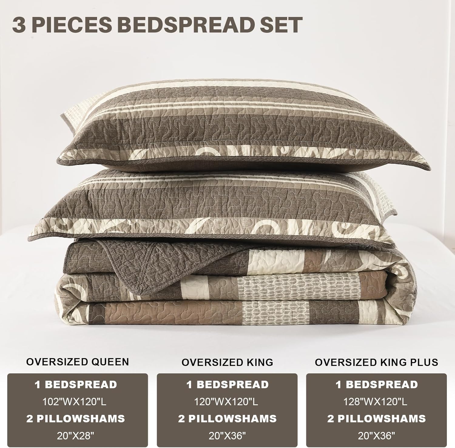 Lightweight King Bedspreads 120x120, 100% Cotton Oversized Quilt, Striped Botanical Pattern Coverlet, Reversible Farmhouse Quilted Bedding Set 3 Piece, Brown/Beige - Image 6