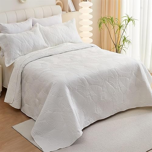 Juego de edredón tropical blanco tamaño King, tamaño King, de microfibra suave, con patrón de hojas en 3D, juego de ropa de cama ligero para todas