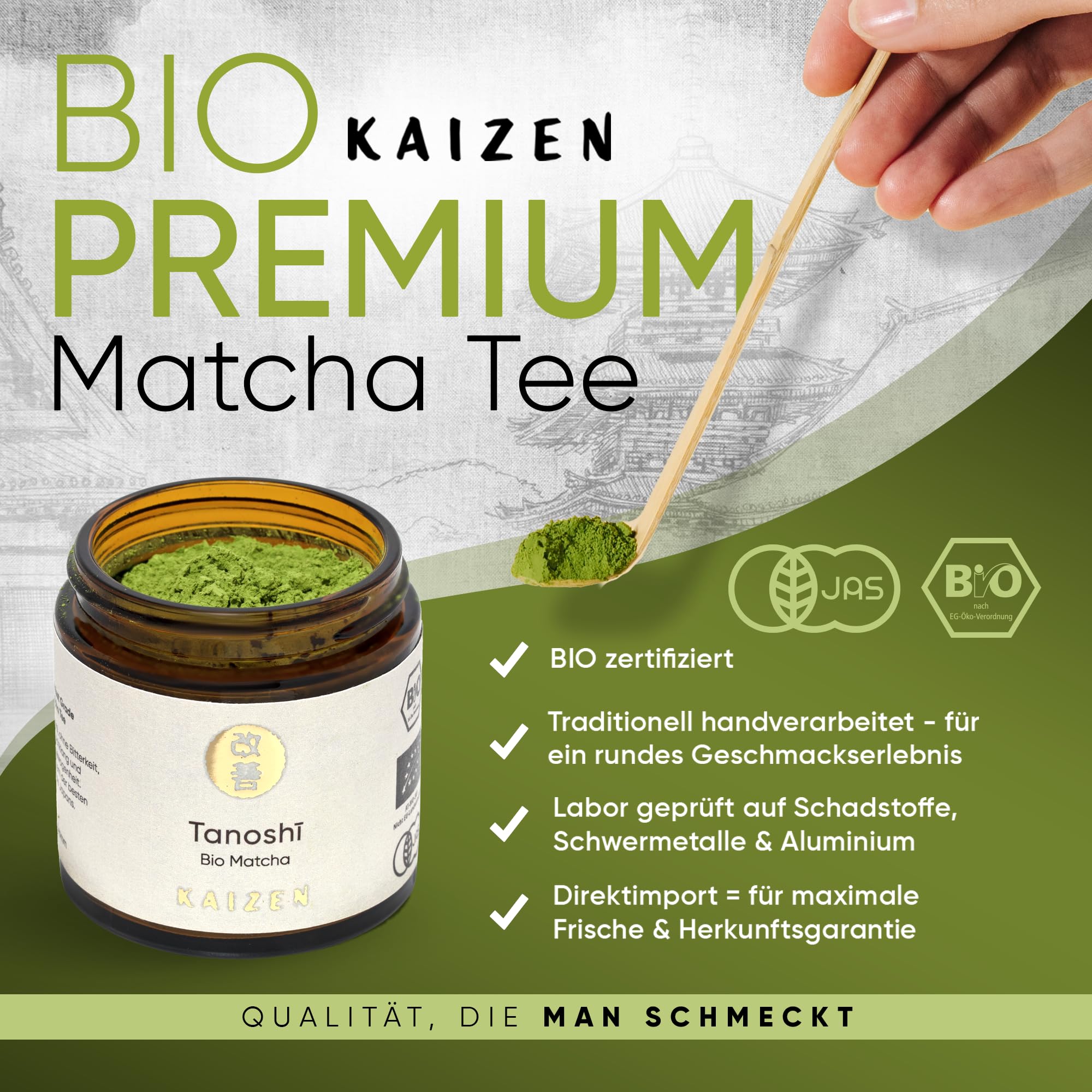 Kaizen - Bio Matcha-Tee "Tanoshī" - Tezumi Contest Grade - 35 Tage Tana-Beschattung - Direktimport aus der Präfektur Kagoshima/Japan - 30g Dose mit UV & Sauerstoffschutz