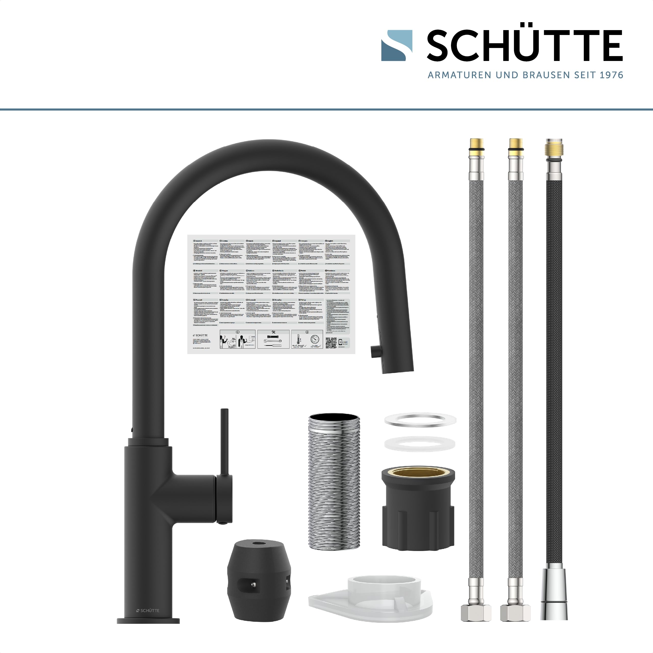 SCHÜTTE 79566 Blackpool Küchenarmatur mit ausziehbarer Geschirrbrause, 360 Grad Wasserhahn für die Küche, Mischbatterie mit Einhebelmischer, Spültischarmatur mit Brause ausziehbar in Schwarz