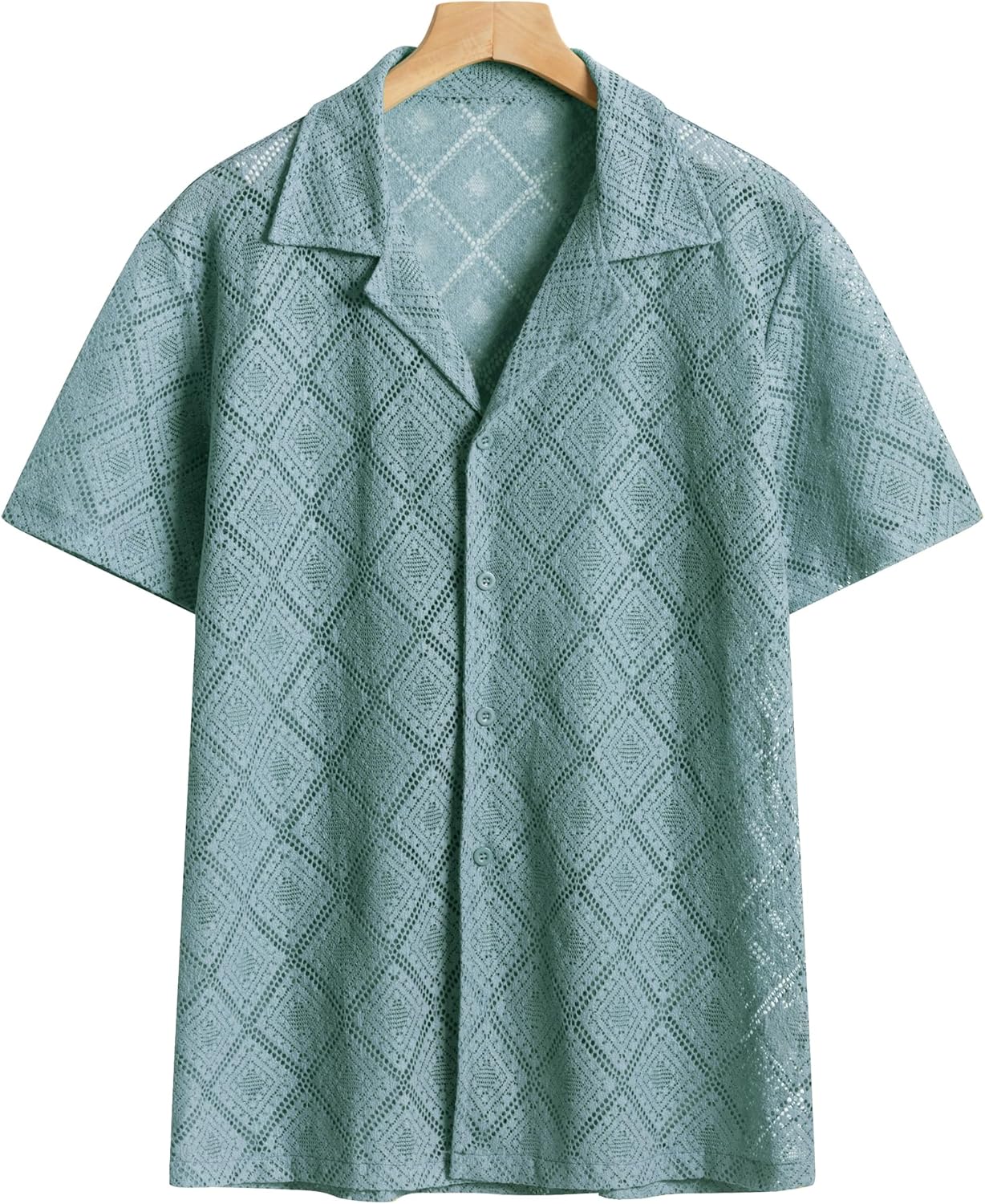 Mens Floral Lace Shirt Hollow Out Sheer See Through Short Sleeve Casual Button Down Beach Shirts - Image 4