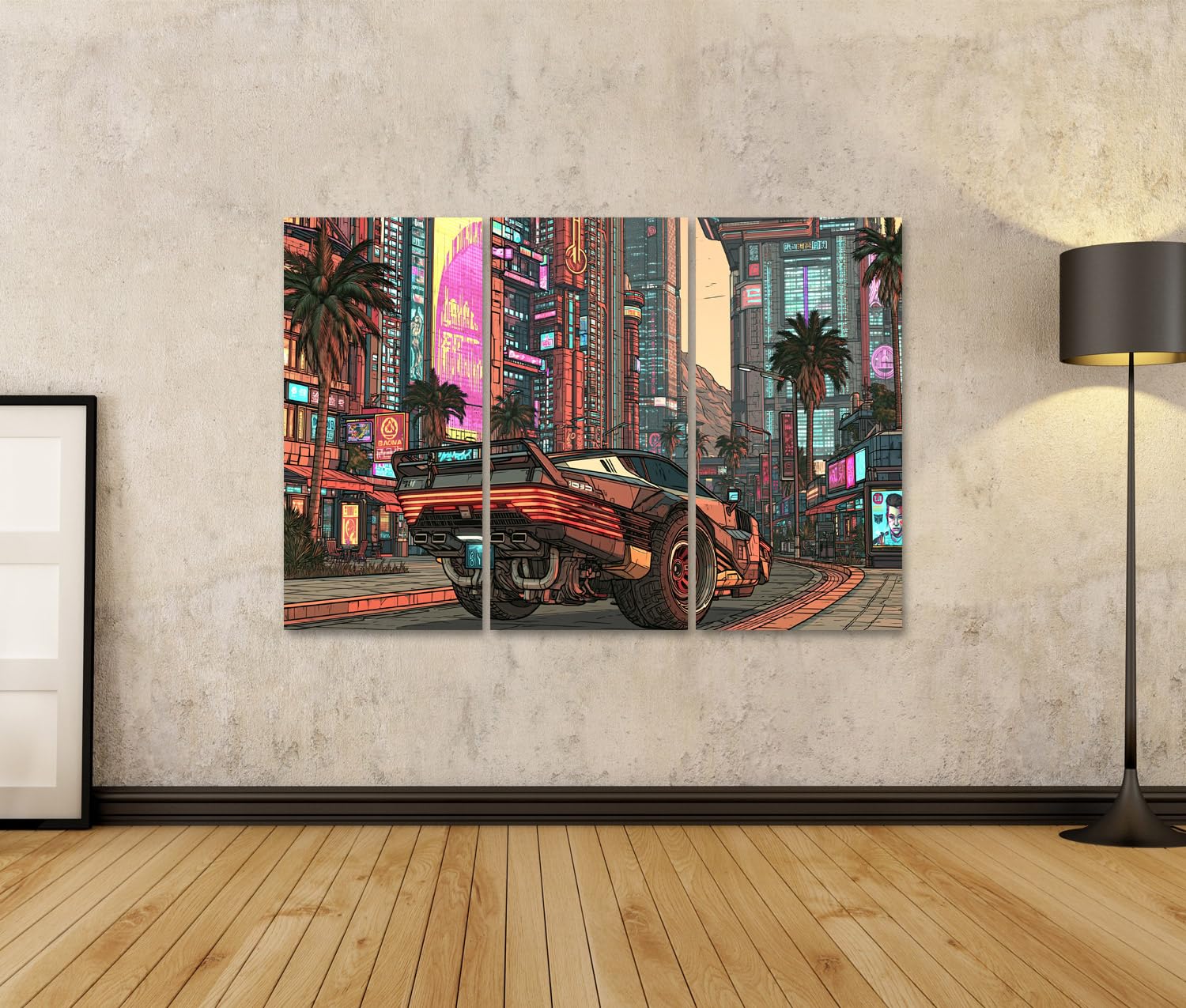 islandburner Quadro su tela, paesaggio cittadino, futuristico, cyberpunk, per soggiorno, perfetto per gli appassionati di fantascienza, 3 pezzi