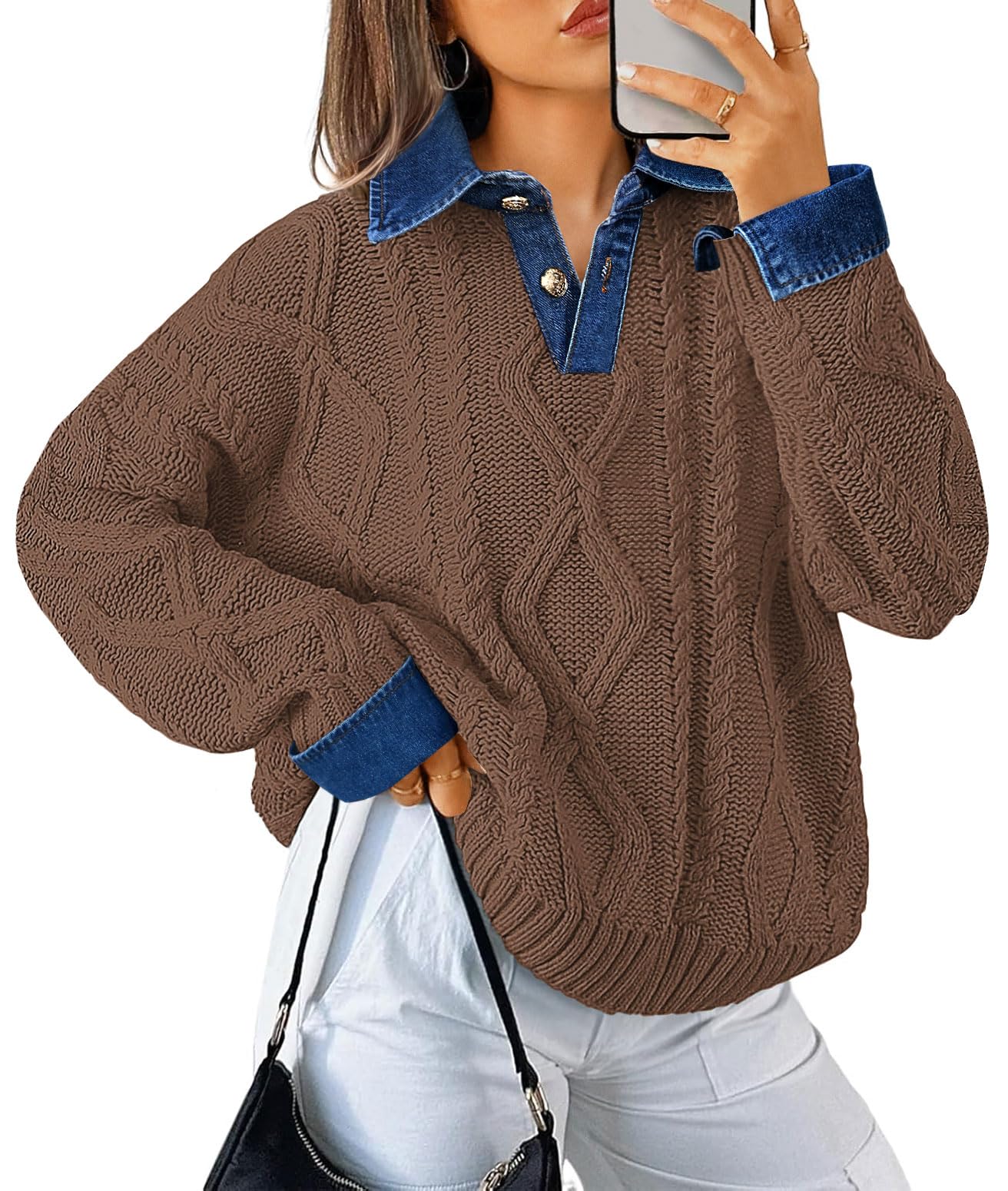 Womens Oversized Cable Knit Chunky Sweaters Long Sleeve Button Up Denim Polo Neck Knit Pullover Tunic Sweaters-image-12