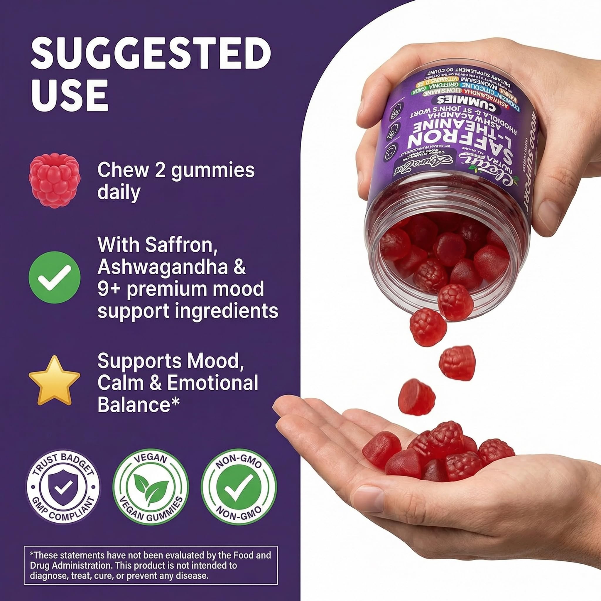 AuraZen Mood Support Saffron Gummies L-Theanine Ashwagandha Rhodiola St John's Wort Lions Mane GABA Vitamin D Magnesium Supplement | Calm Vegan Plant-Based Herbal Gummy By Clean Nutra — Amazon image 6