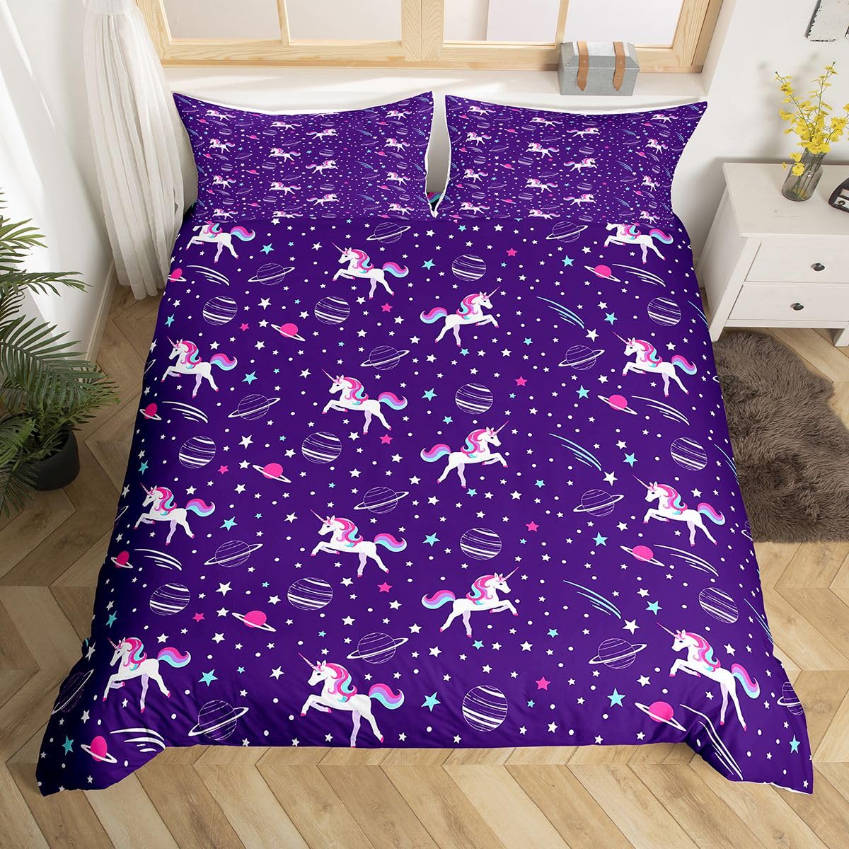 Homewish Fioletowy jednorożec king zestawy pościeli dla dziewcząt kawaii jednorożec poszewka na kołdrę dla dzieci gwiaździste niebo gwiazdy planety poszewka na kołdrę fantazyjne dziewczyny dzieci