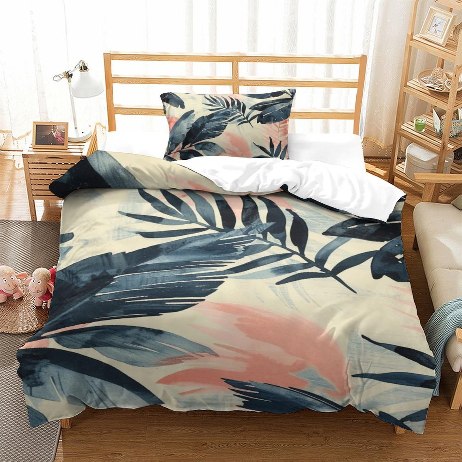 Housse de couette feuilles 3D pour lit simple anti-glissement avec fermeture éclair