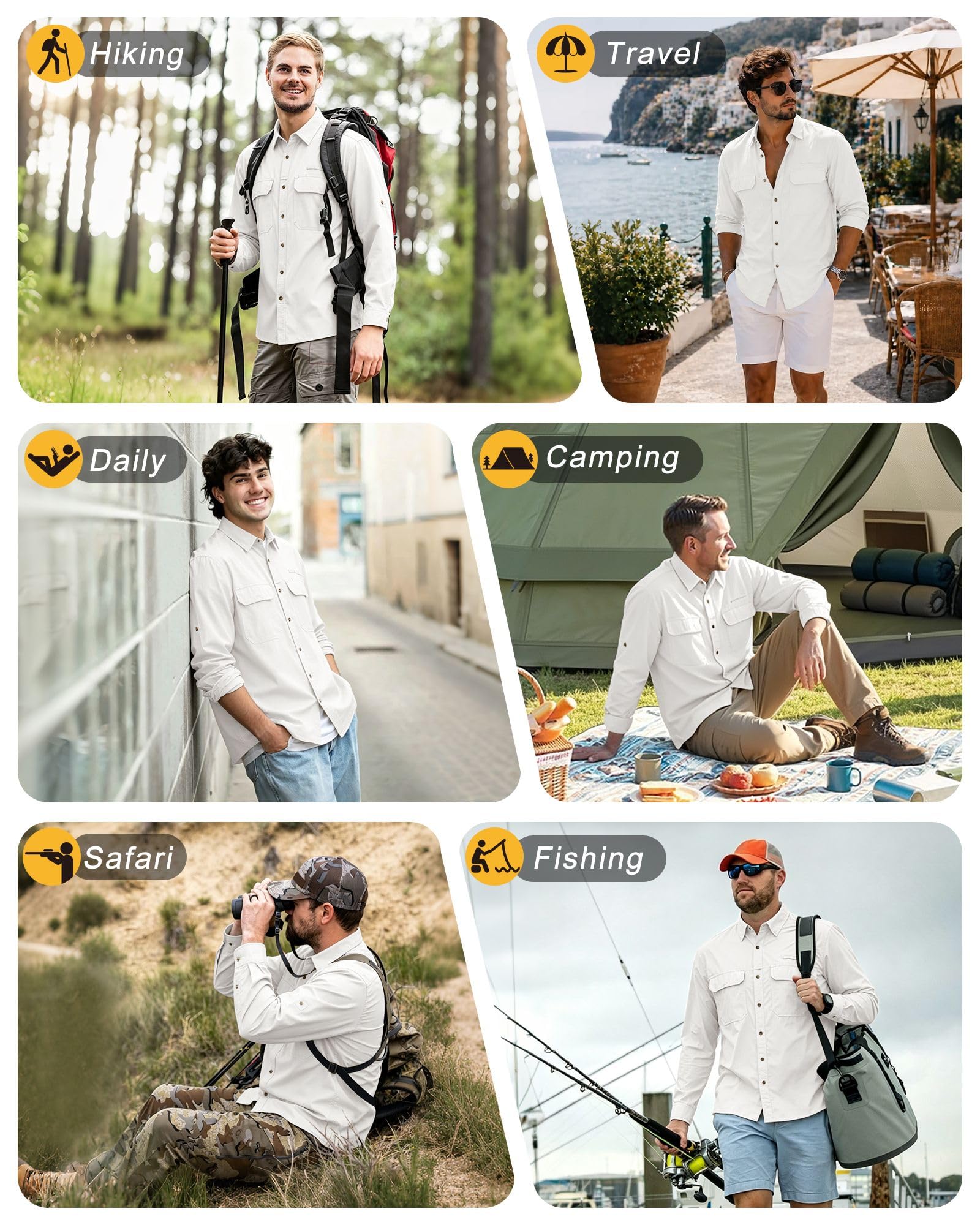 Outdoor Ventures Camisa de manga larga para hombre, camisa funcional para exteriores, de secado rápido, informal, transpirable, viajes, Blanco, L