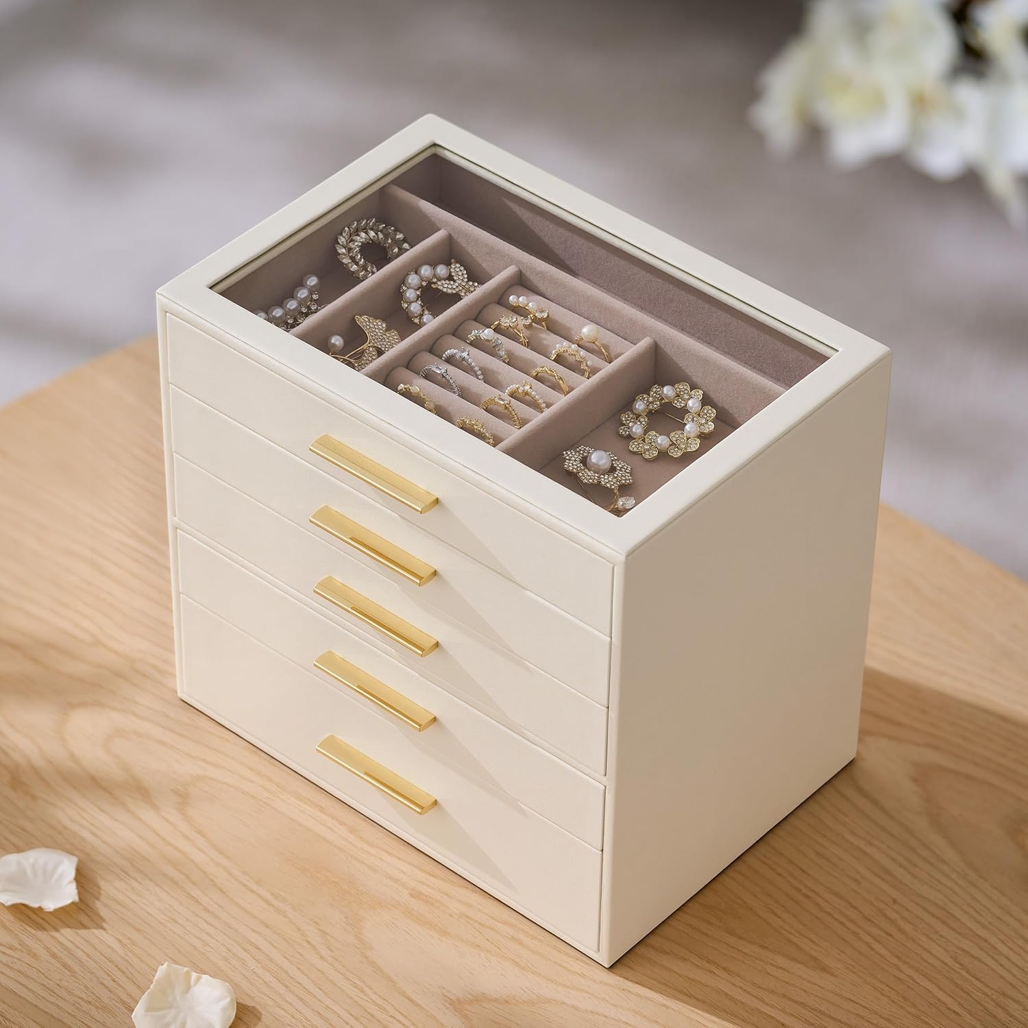 pickpiff Jewelry Box Organizer Case for Women: 5-Layer Jewelry Storage Case with Glass Window, Ivory Leather with Pink Velvet, Holder for Ring Necklace Bracelet Brooch Watch, Great Gift for Her - Image 6