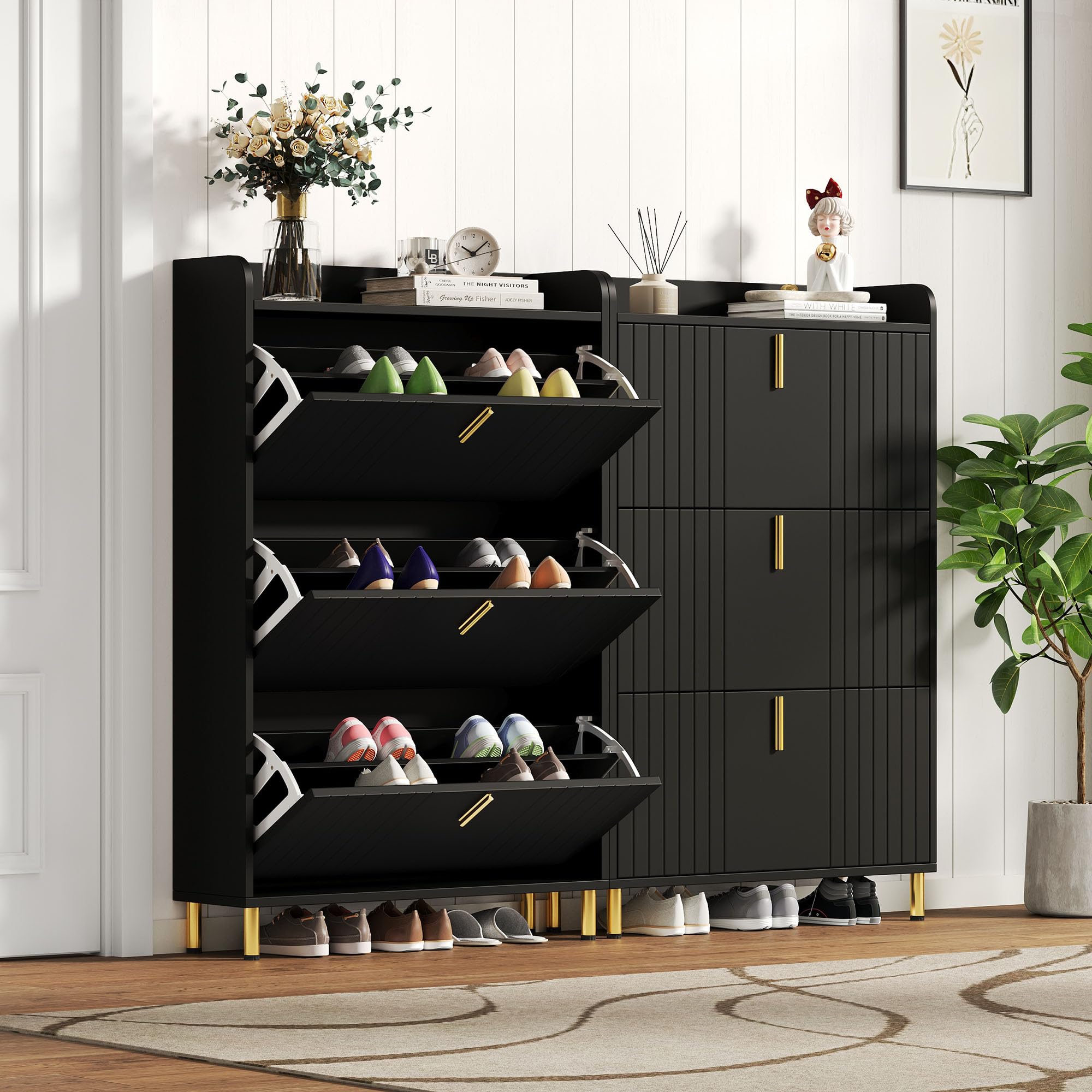 2er Set Schuhschränke je 3 Klappen 6 Fächer Schwarz 80x23,5x123,5cm