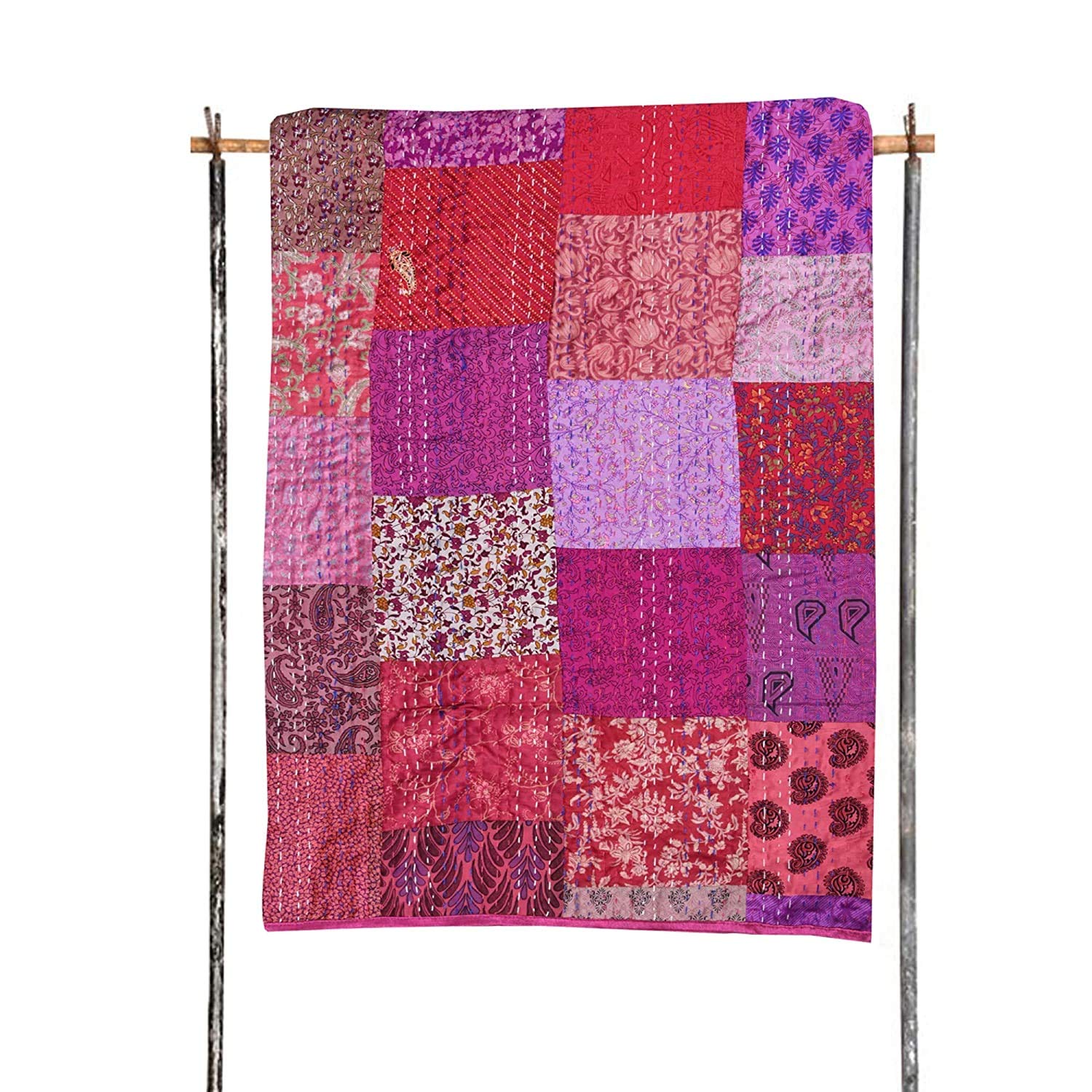 King Pink Patola Silk Patch Work Kantha Quilt , Kantha Blanket, AC RALLIES INDIAN Sari QUILT, Bed Cover, QUEEN Patch Kantha Throw, Bohemian Bedding Kantha Size 90"x108"