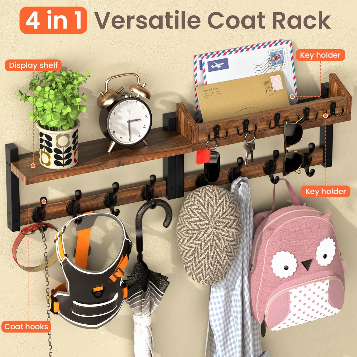 35'' Long Rustic Coat Rack Wall Mount with Shelf, Solid Wood Coat and Key Hanger with 13 Metal Hooks, Farmhouse Wall Organizer for Mail, Entryway Wall Hangers for Hats, Clothes, Backpacks, Mudroom