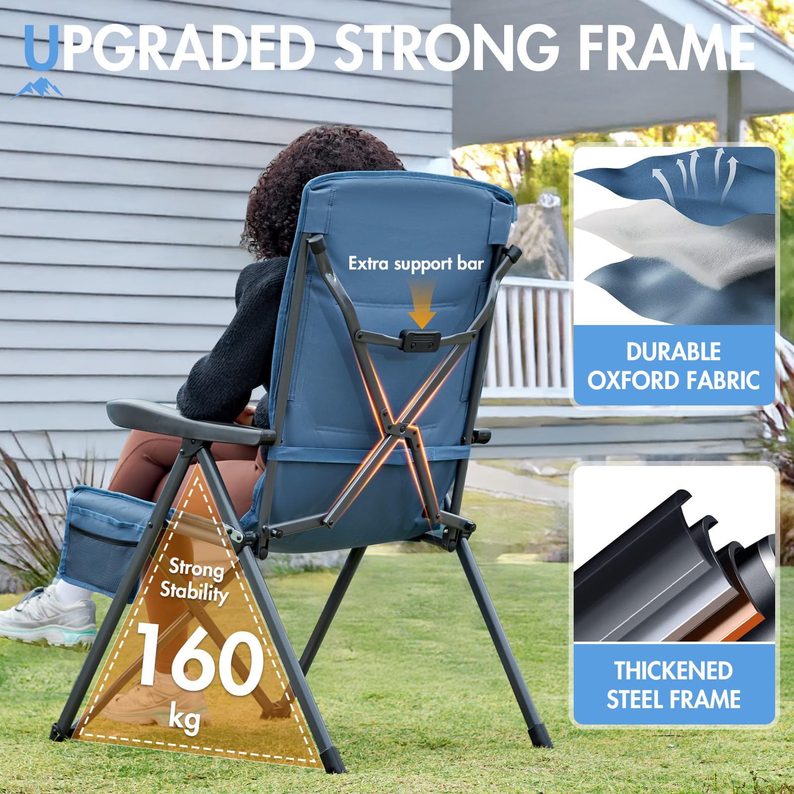 Portal Silla de camping plegable con respaldo ajustable en 3 posiciones, 160 kg, respaldo alto, silla de camping, silla de pesca, silla de jardín, silla de aluminio para jardín, balcón, picnic
