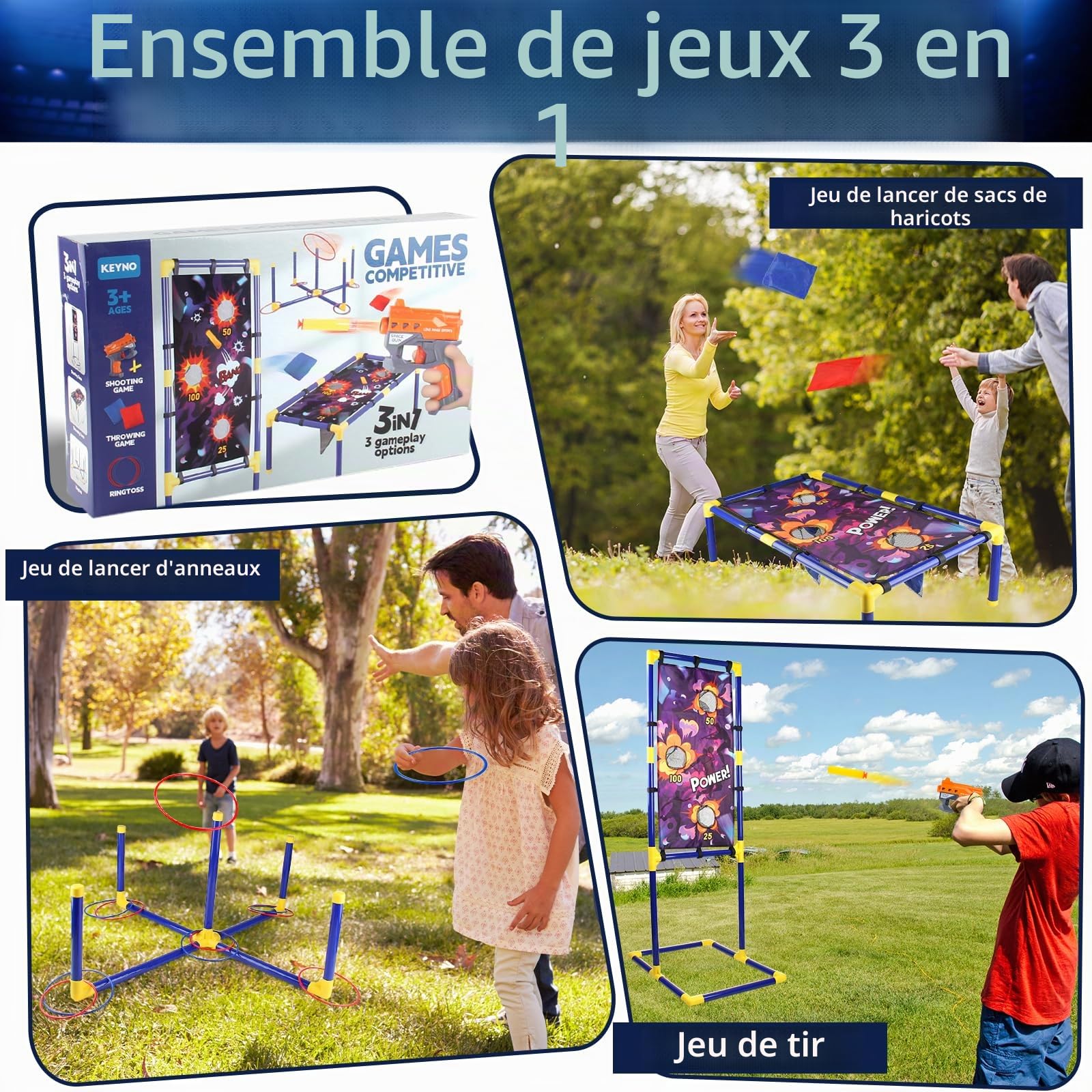 JOYBOY Jeux de Tir 6-12 Ans, 3 en 1 Bean Bag Toss Shooting Ring Toss | Jouets pour Jardin Extérieur et Intérieur — Cadeau Fête des Enfants et Anniversaires, Jeu Complet