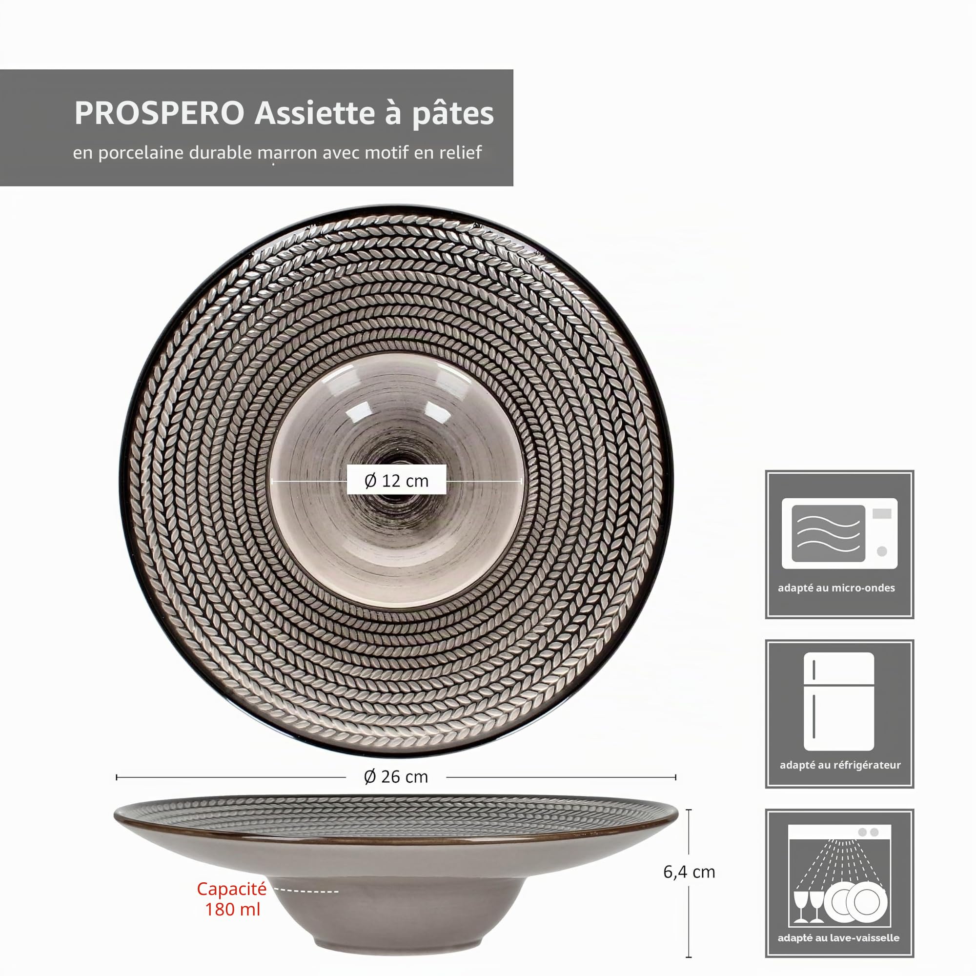 MÄSER Prospero Lot de 6 assiettes à pâtes I Ø 26 cm 180 ml I Assiettes en porcelaine marron avec relief pour 6 personnes I Assiettes creuses pour soupe, salade, etc. I Assiettes à pâtes avec large