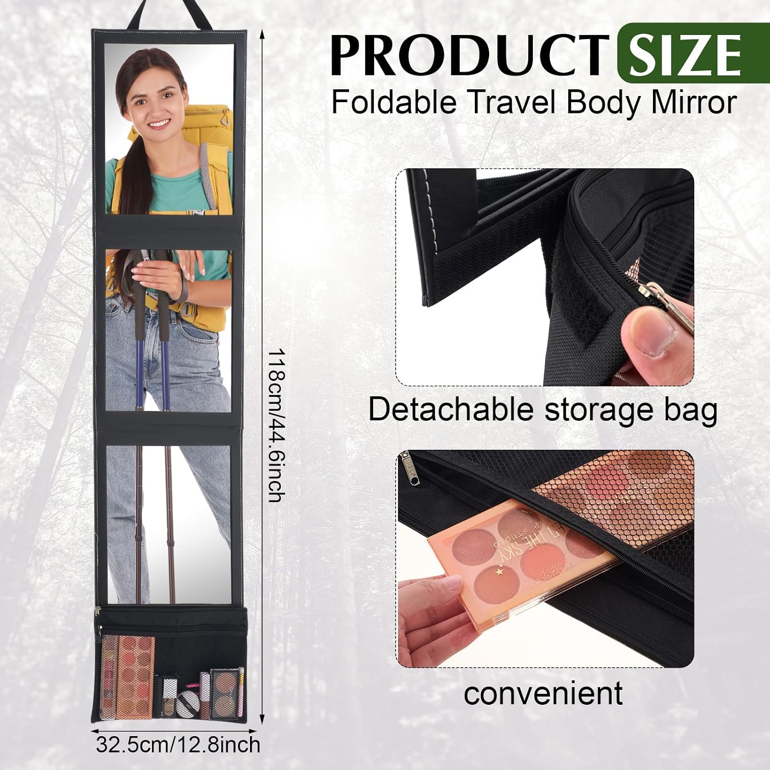Yalikop Three Fold with Storage Pouch Foldable Full Length Travel Mirror, Portable Shatterproof Hanging Mirror, Folding Full Length Travel Makeup Reflector for Camping, Rv, Small Spaces