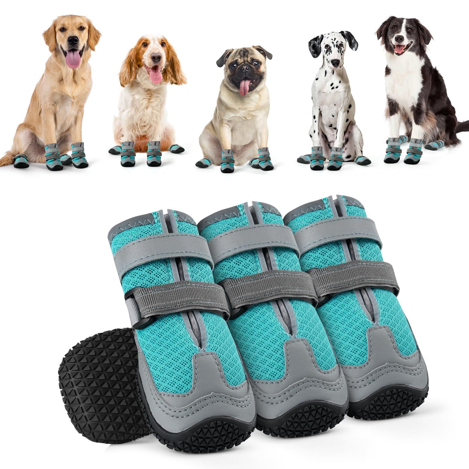 OHCOZZY Hundeschuhe mit reflektierenden Riemen, hohe Hundestiefel wasserdicht, Anti-Rutsch verschleißfeste Gummisohle Hundeschuhe Pfotenschutz fürkleine, mittlere und große Hunde(M, Blau)