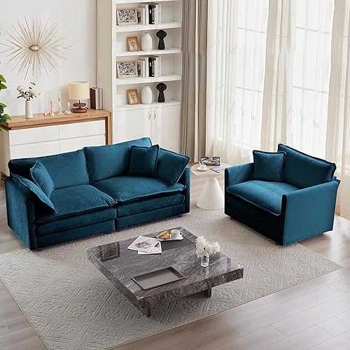 Miniatura 26 de mikibama Conjunto de sofá de 2 piezas de lujo, 2 piezas de sofá loveseat, conjunto moderno de sofás de chenilla cómodos en forma de nube para sala