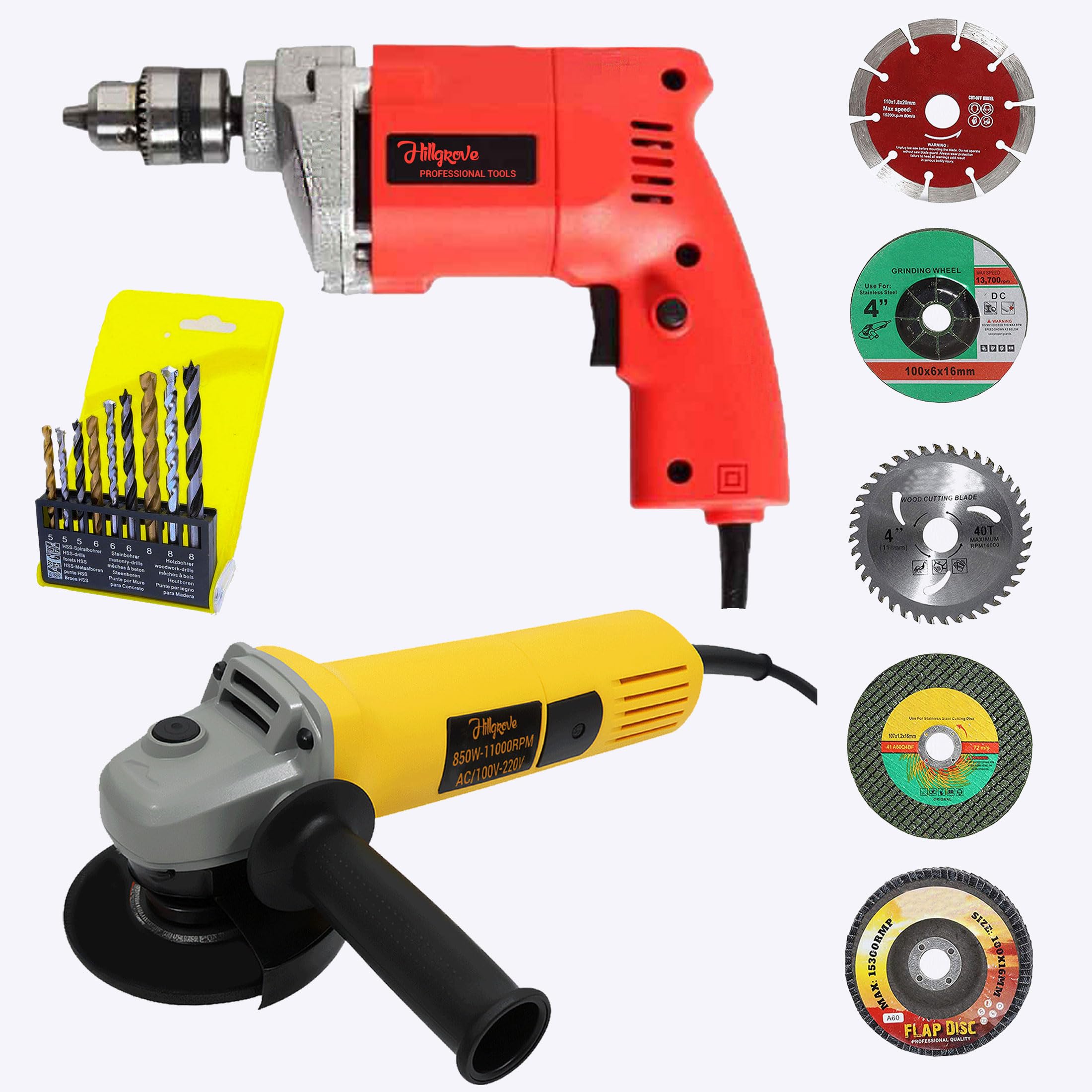 Hillgrove HGCM1366M1 100% Copper Winding 10mm Drill Gun Drilling Machine Kit Set with 4"inch Hand Angle Grinder Wall Cutter Grinding Glender Cutting Machine-image-2