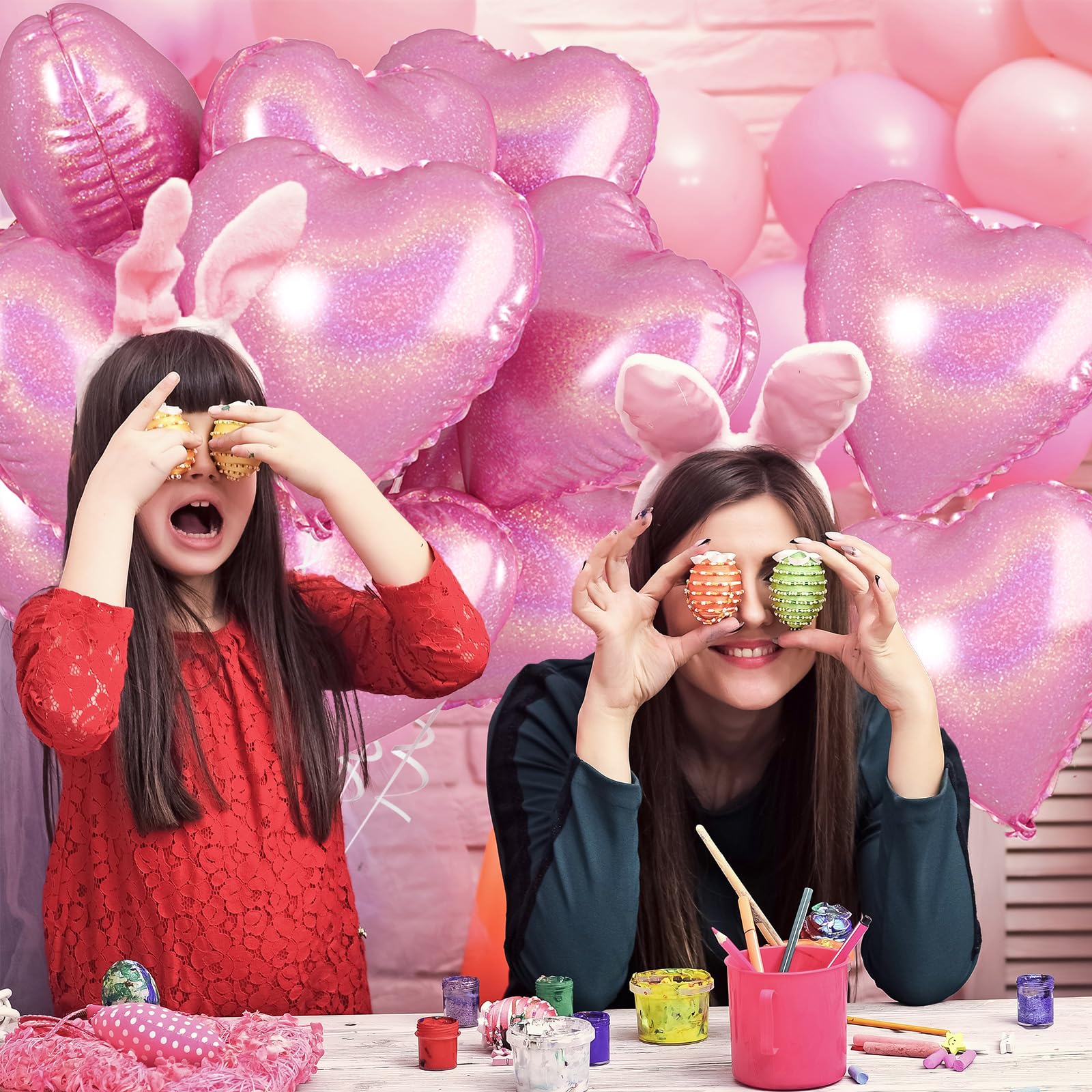 18 Zoll Herzluftballons Rosa, 10 Stück Glitzer Rosa Herzluftballons Hochzeit, Hell Rosa Luftballons Herz Folienballons Valentinstag für Geburtstag Hochzeit Babypartys Valentinstag Partydekoration