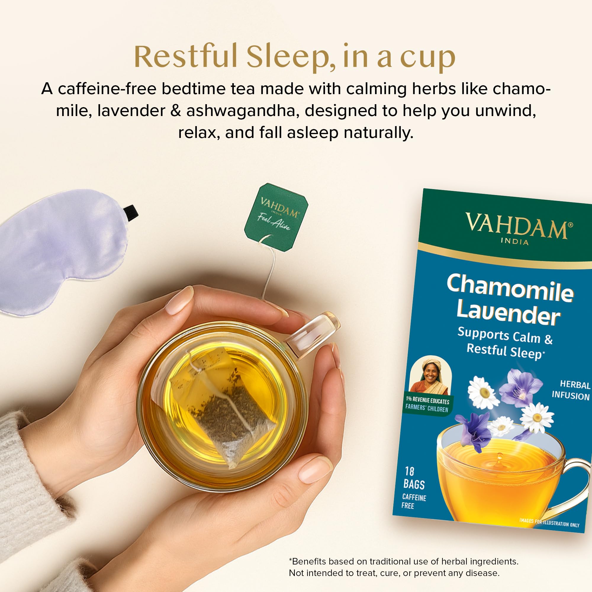 VAHDAM Chamomile Lavender Herbal Infusion - 36 TB | Supports Calm & Restful Sleep | Non-Habit Forming | 8-Herb Caffeine Free Bedtime Tea | With Ashwagandha, Peppermint & Lemon Balm