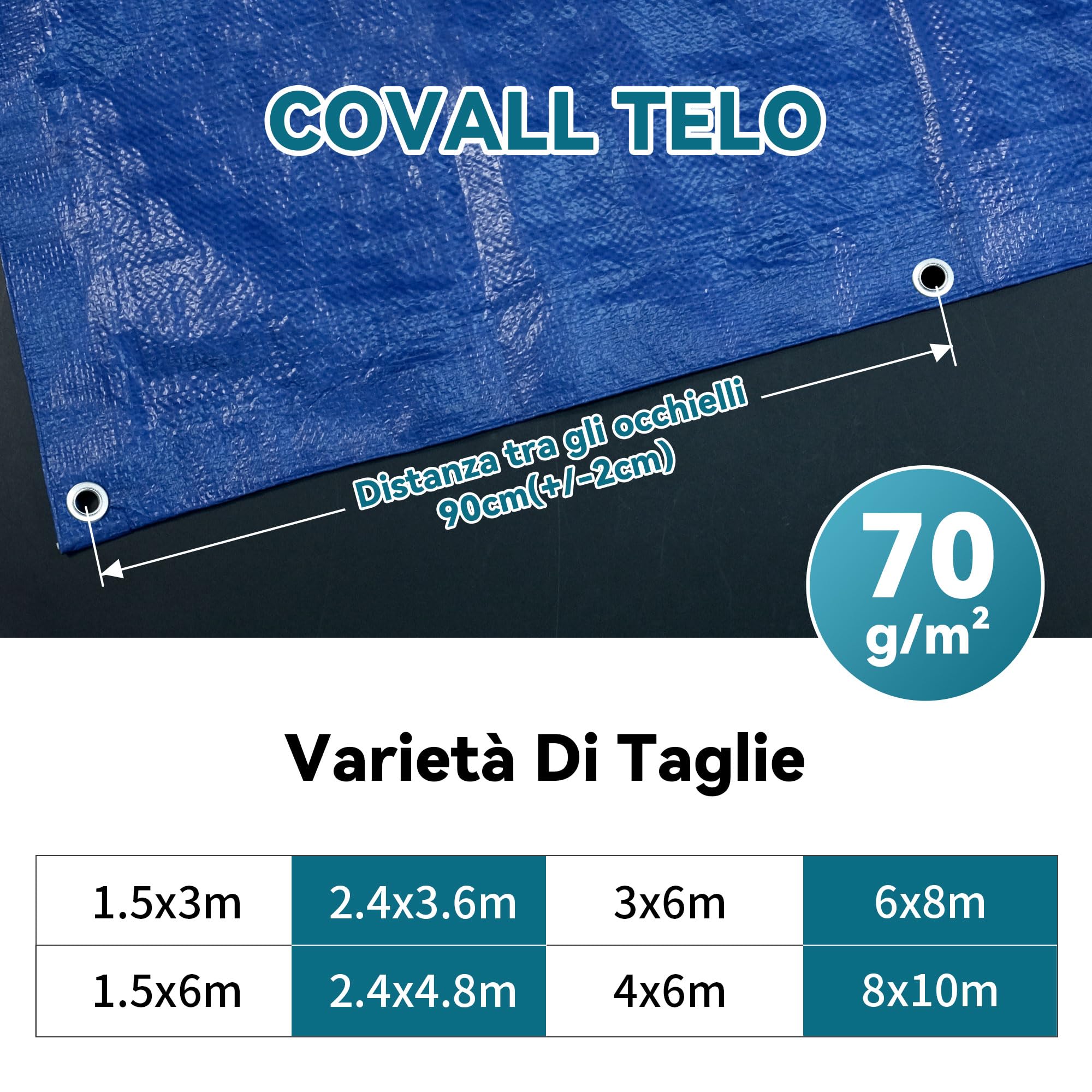 Telone Impermeabile 70g/mq - Telo con Occhielli in Alluminio - Antistrappo per Esterno, Piscina Fuori Terra, Giardino e Campeggio - Copertura Multiuso Blu 2,4x4,8m