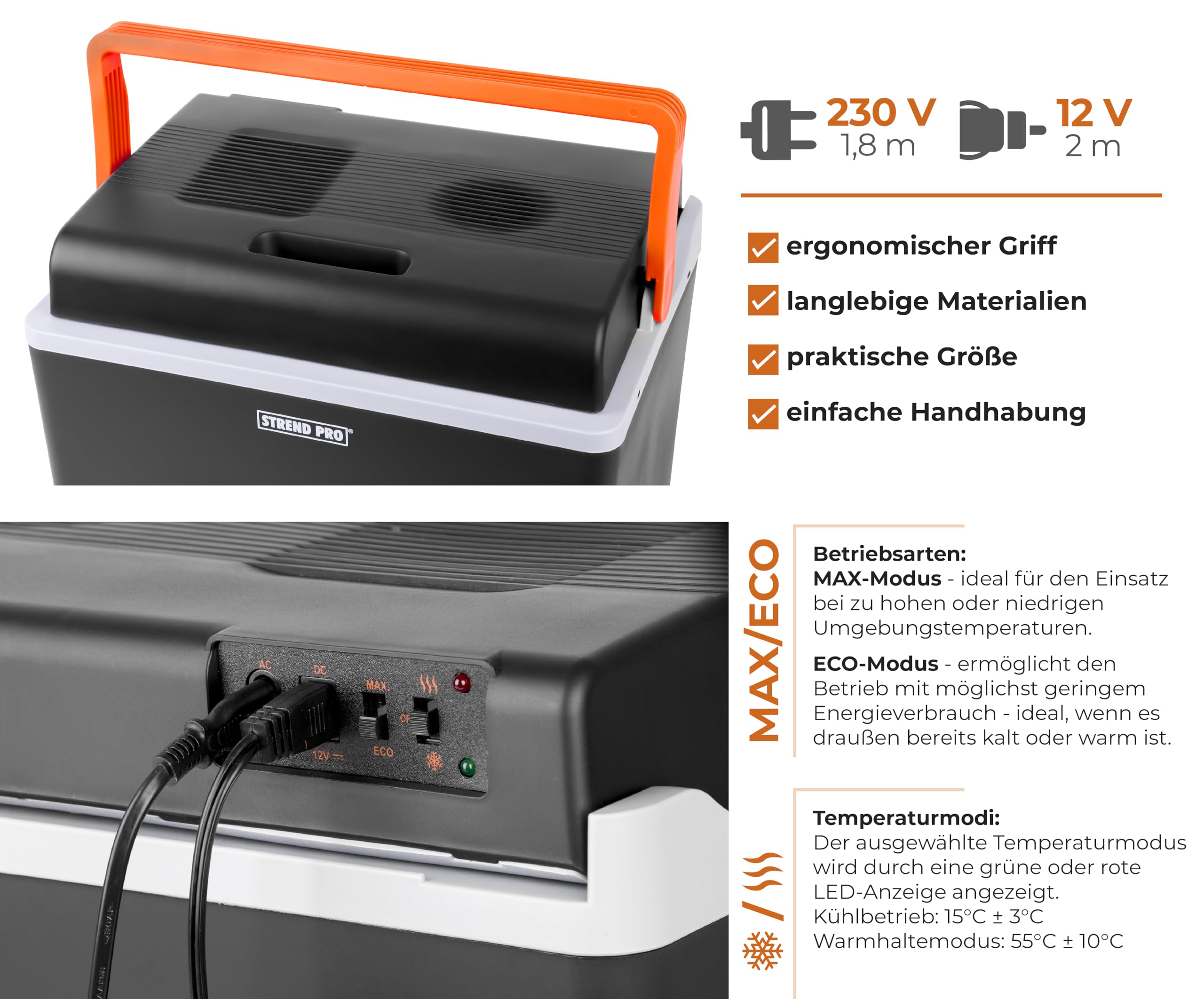 STREND PRO Kühlbox Elektrische für das Auto und Camping 30L, 12v / 230v, Kühlt und Wärmt-Funktion, Kompressor Kühlschrank/Kühltasche mit ECO Mode, Ideal für Camping und Travel-geräuscharm und leicht