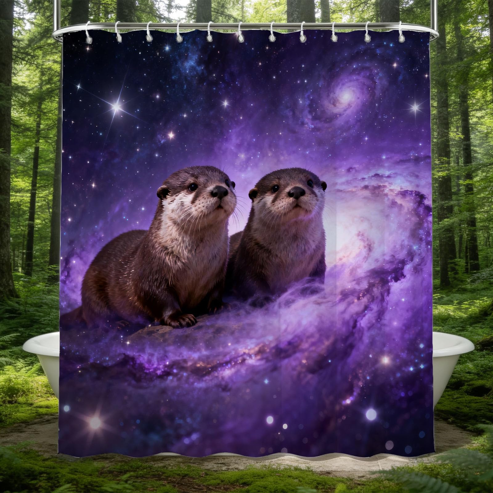 Hongduo 3D Starry Sky Otter Shower Curtain for Stalls Bathtubs Dreamy Bathroom Decor Shower Curtain Set Polyester Fabric Waterproof 180x180cm/71X71 Inch with Hooks