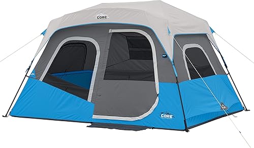 CORE Instant Cabin Tents with LED Lights  6 Person  9 Person  12 Person Family Multi Room Lighted Pop Up Tents for Camping  Included Storage Pockets