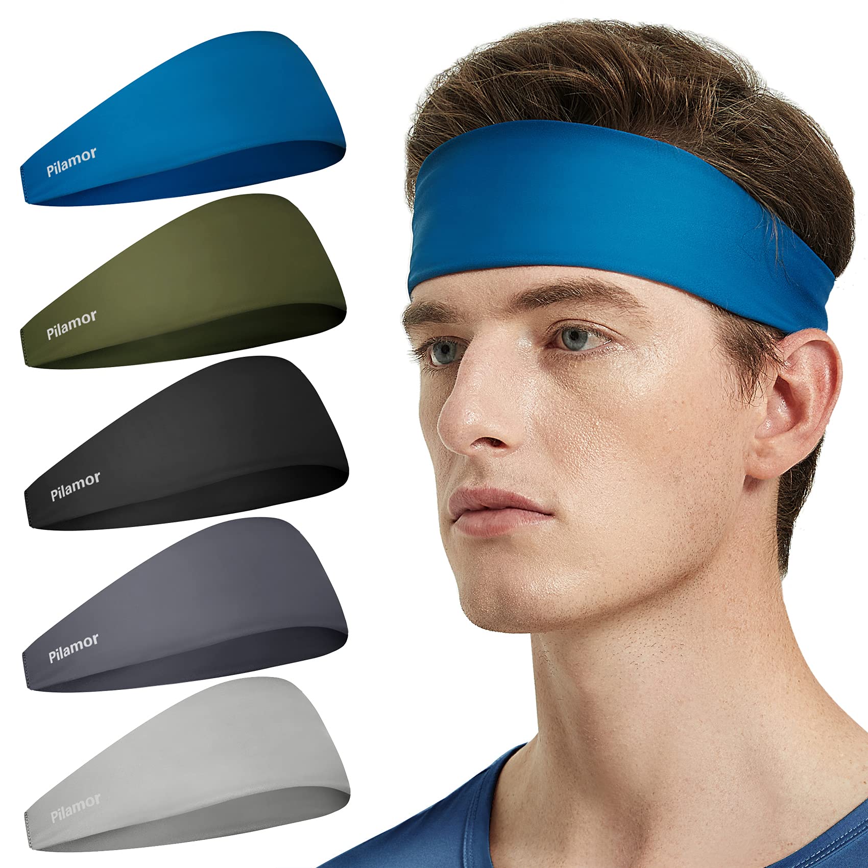 Pilamor Mens Headband（5 Pack） - Workout Hairband Sports Sweatband for Outdoor Exercise, Gym, Yoga, Running, Basketball, Stretch Absorb Sweat Hair Band for Unisex (Black,Blue,Green,Gray,Darkgray)-image-25