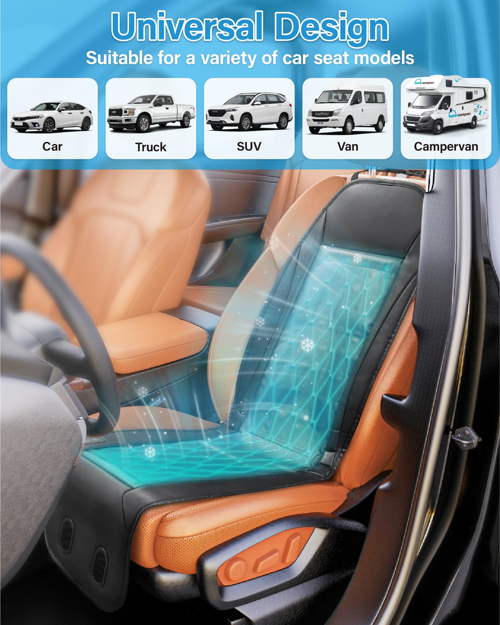 Cuscino sedile auto a raffreddamento a liquido, 12V/24V accendisigari, 3 livelli di raffreddamento, universale