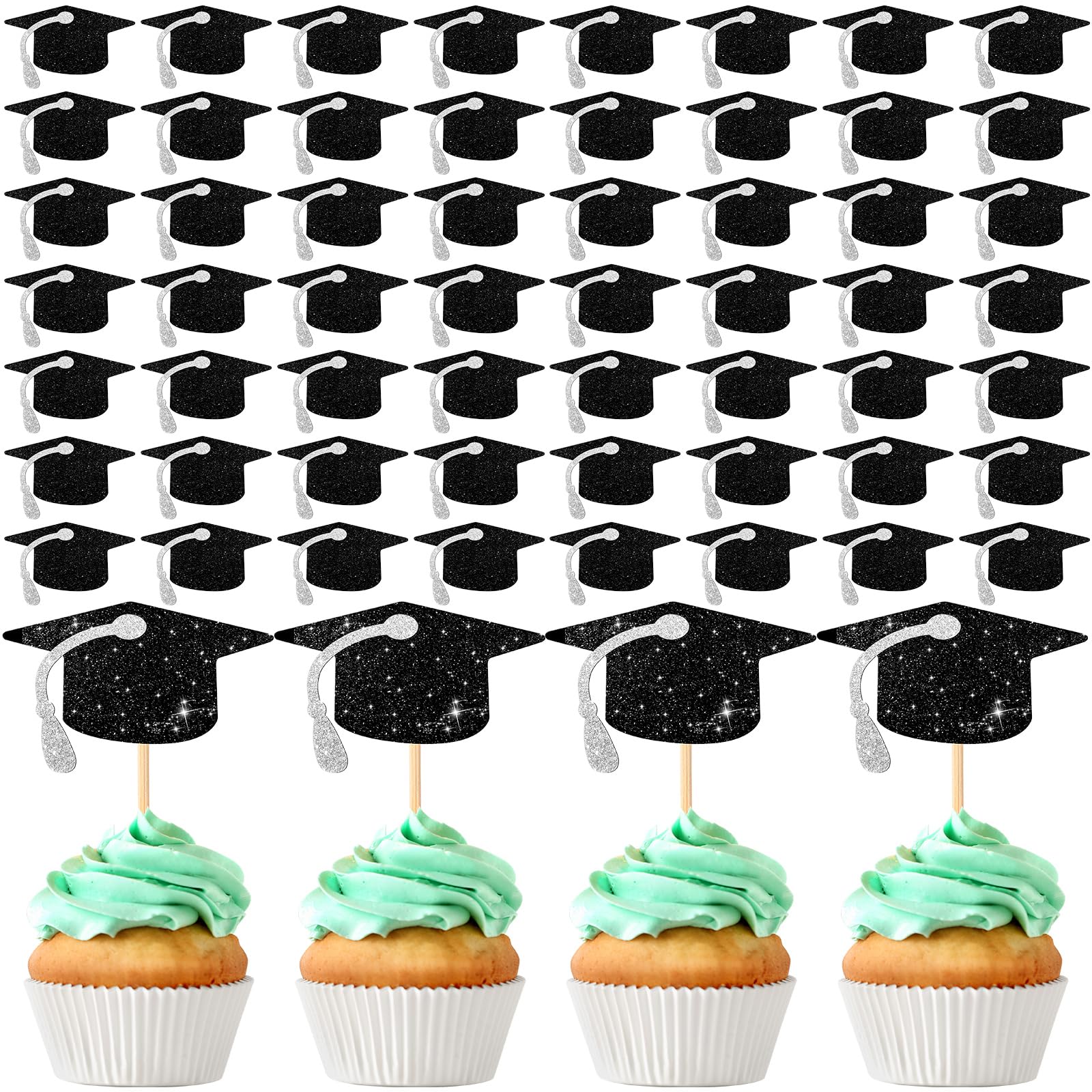Leinuosen 100 Pcs 2025 Graduation Cap Cupcake Toppers Bulk Glitter Congrats Grad Cap Cupcake Picks with Tassels for Class of 2025 Graduate Party Cake
