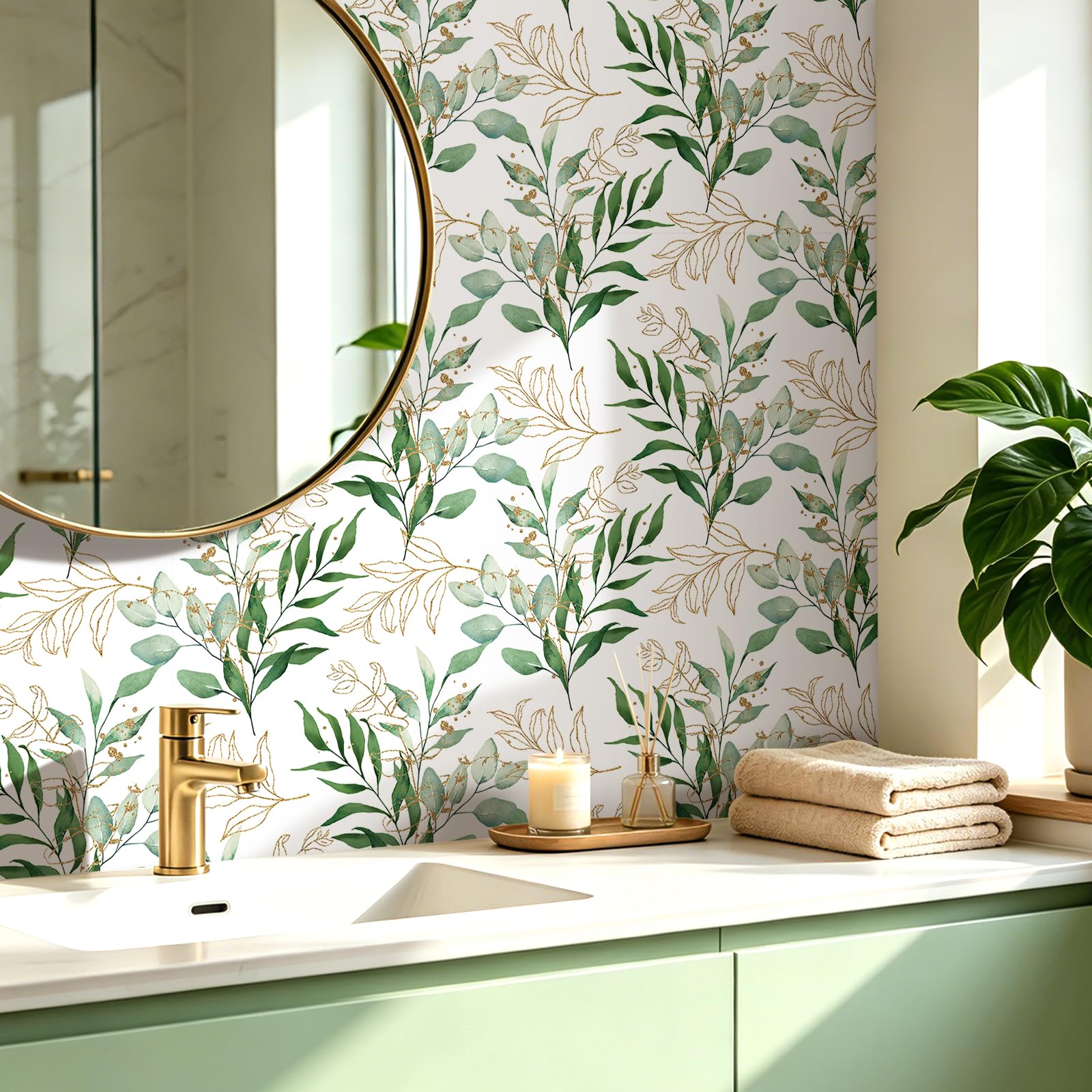 ReWallpaper 44.5CMx7M Carta Da Parati Foglie Verdi Rivestimento Mobili Adesivo Armadio Porta Decorativo Foglie Rustica Carta Adesiva per Pareti Bagno Camera Da Letto Sala Pranzo Bianca