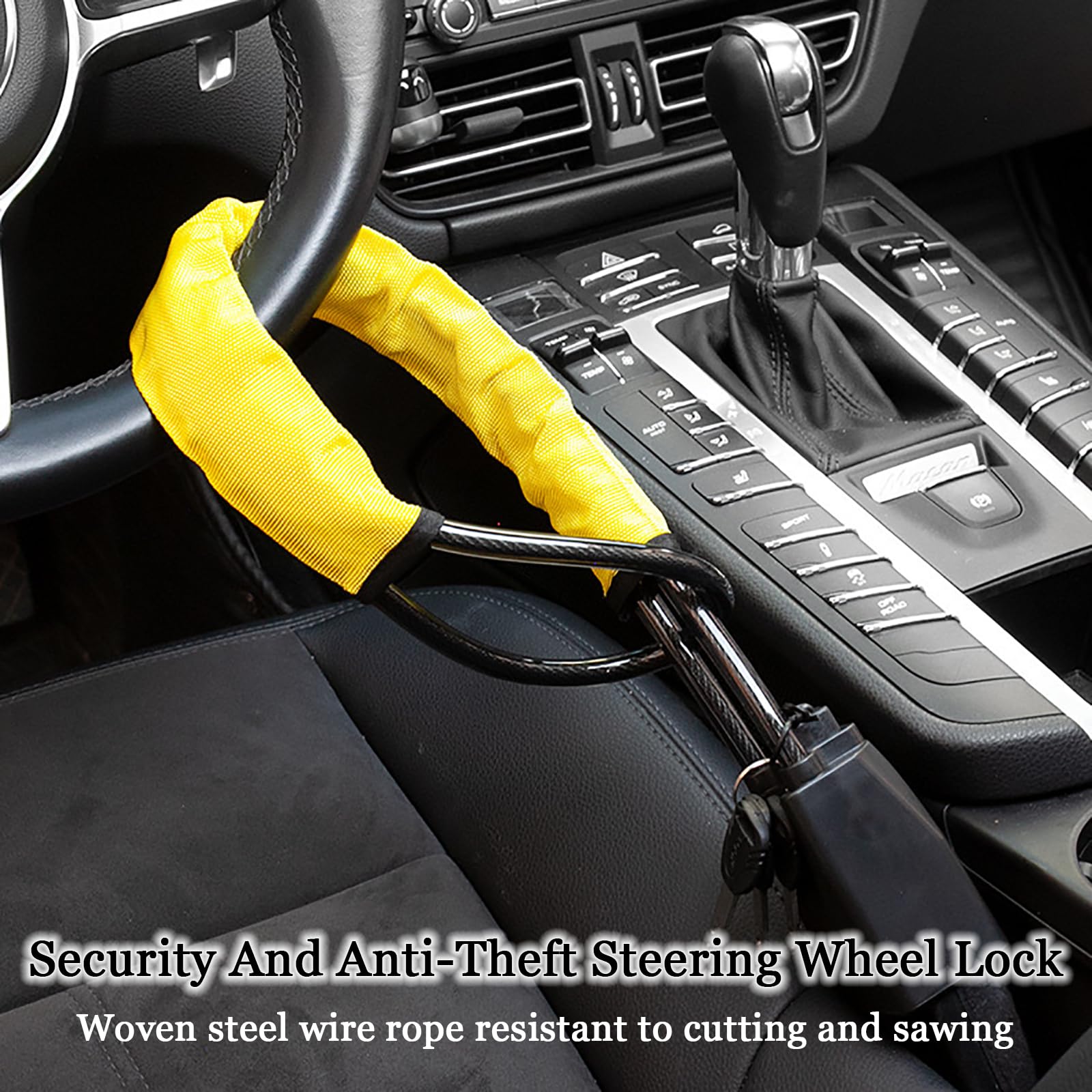 Steering Wheel Lock with 3 Keys,Seat Belt Lock High Visibility Car Locks Cut Resistance Anti-Theft Device Universal Steering Wheel to Seat Belt Locks for Cars SUV Van Golf RVs Cart Truck (Yellow) — view 3