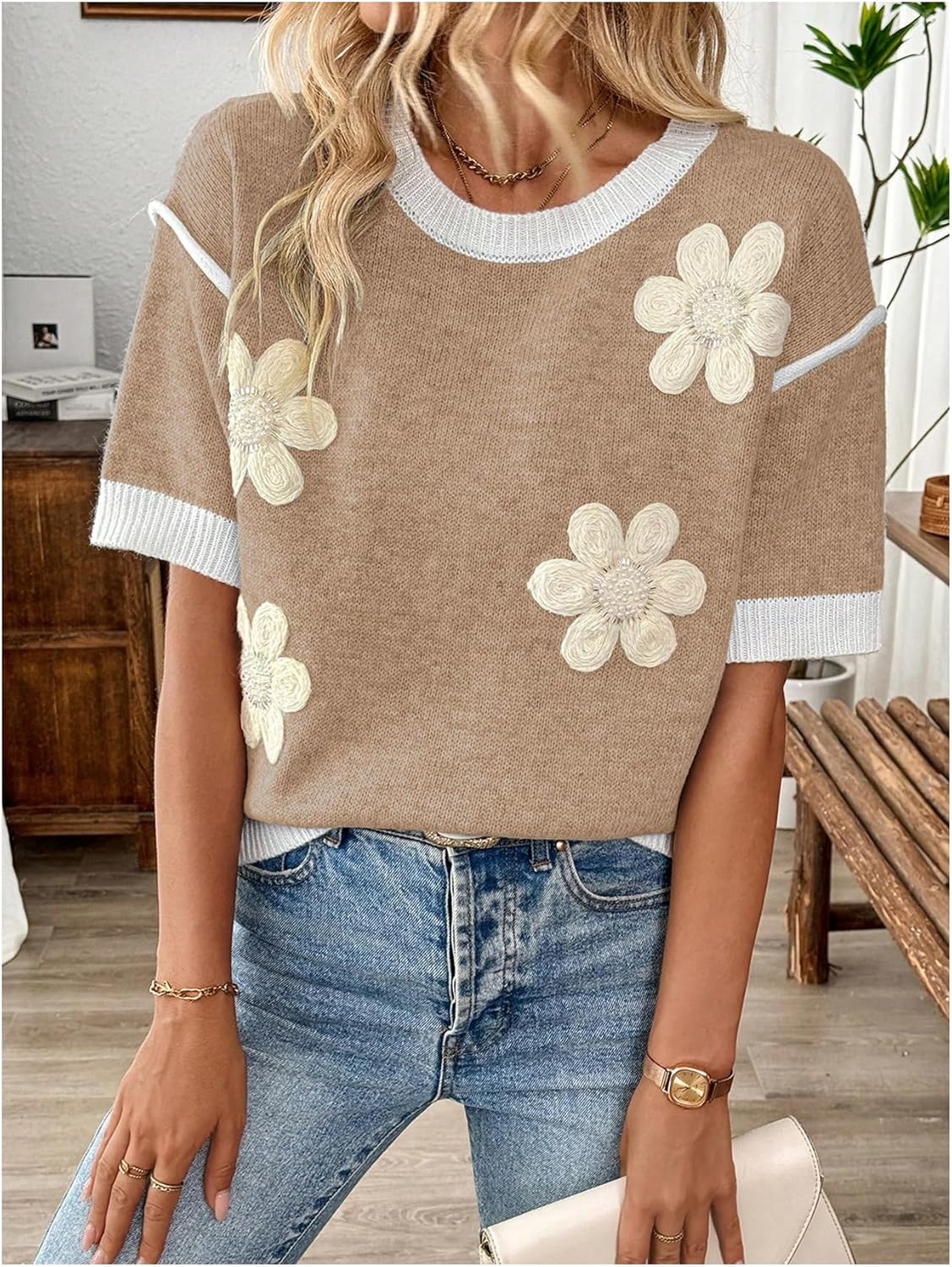 Floerns Women's Short Sleeve Crew Neck Flower Loose Knitted Sweaters Pullover Tops - Image 4