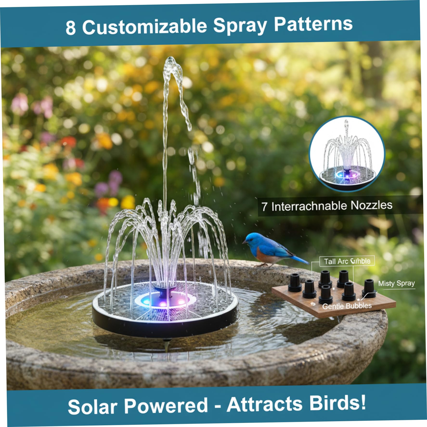 Fontana d'Acqua Solare da 40 cm con Luci LED RGB Colorate – Fontana Galleggiante con 6 Ugelli di Spruzzo – Ideale per Vasche per Uccelli e Decorazione da Giardino