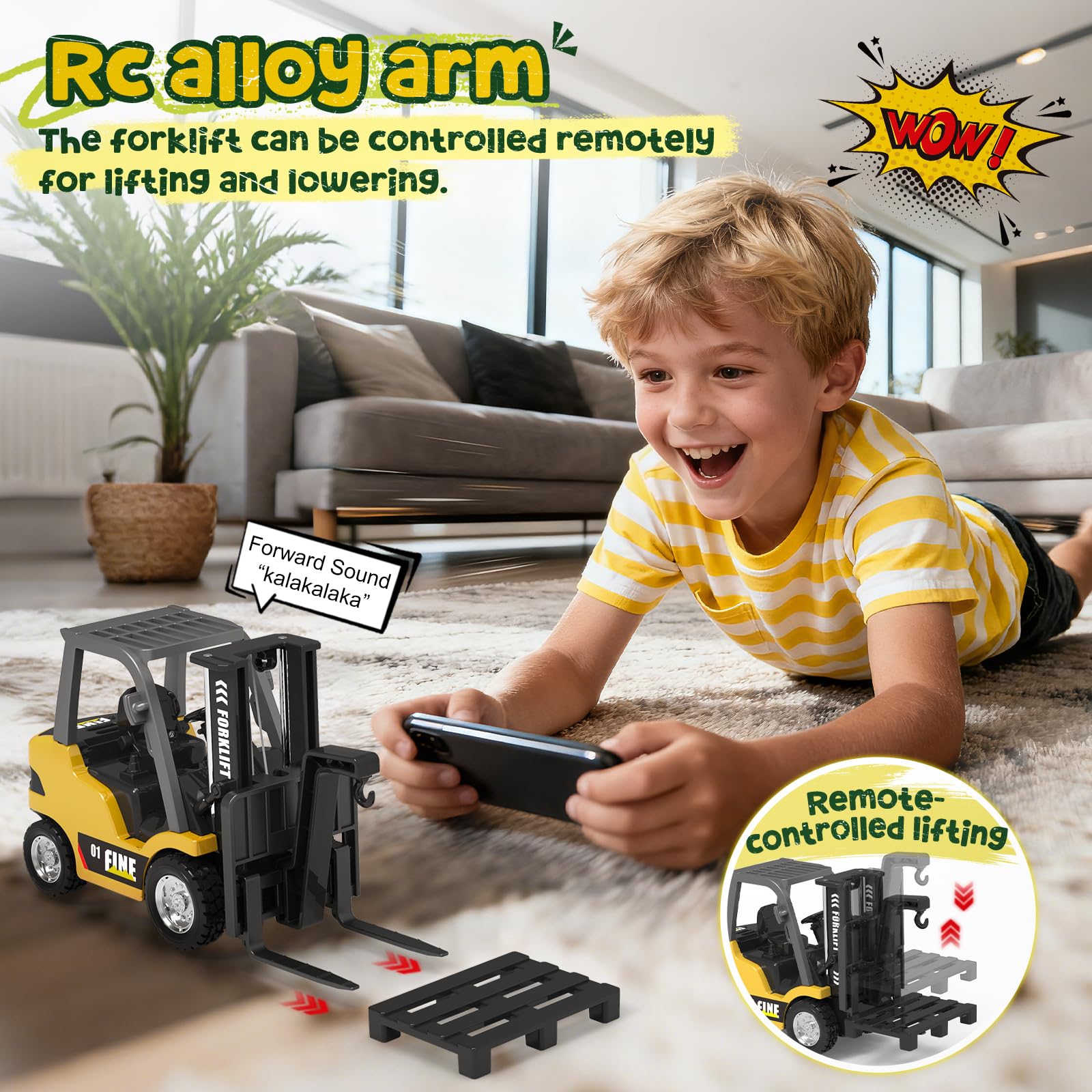 YESHIN Mini RC Gabelstapler Spielzeug aus Metall, Fernsteuerbarer Gabelstapler mit App-Programmierung, Tempomat & Geschwindigkeitsregelung, Hebbare Gabel, Sound & LED-Licht, USB-aufladbar
