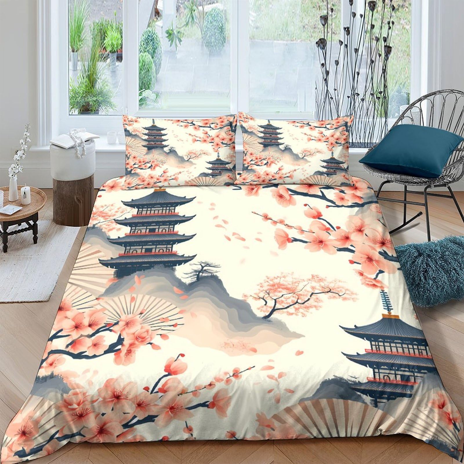 GPLZQXKJNH 3D Printed Cherry Blossom Pagoda Duvet Cover Set Microfiber Soft Breathable with 2 Pillowcases for Bedroom Decor, Single（135x200cm）