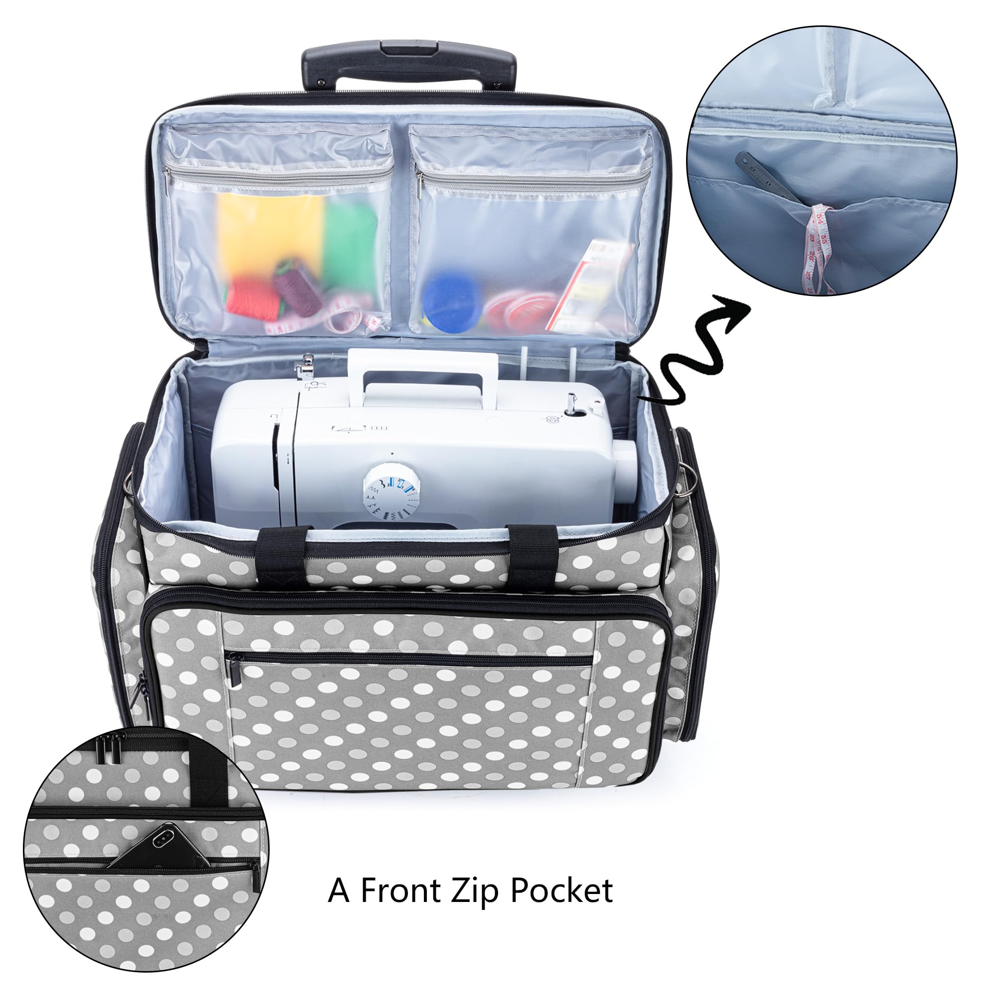 Luxja Borsa per Macchina da Cucire con Trolley Staccabile, Borse da Trasporto Macchine da Cucire (Adatto per la Maggior Parte delle Macchine da Cucire), Puntini Grigi
